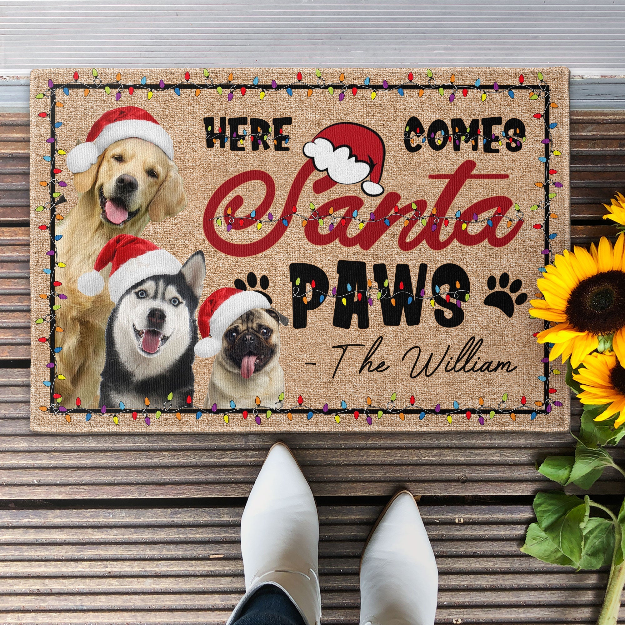 Here Comes Santa Paws Christmas Pets Dogs Cats - Personalized Photo Doormat - Image 4