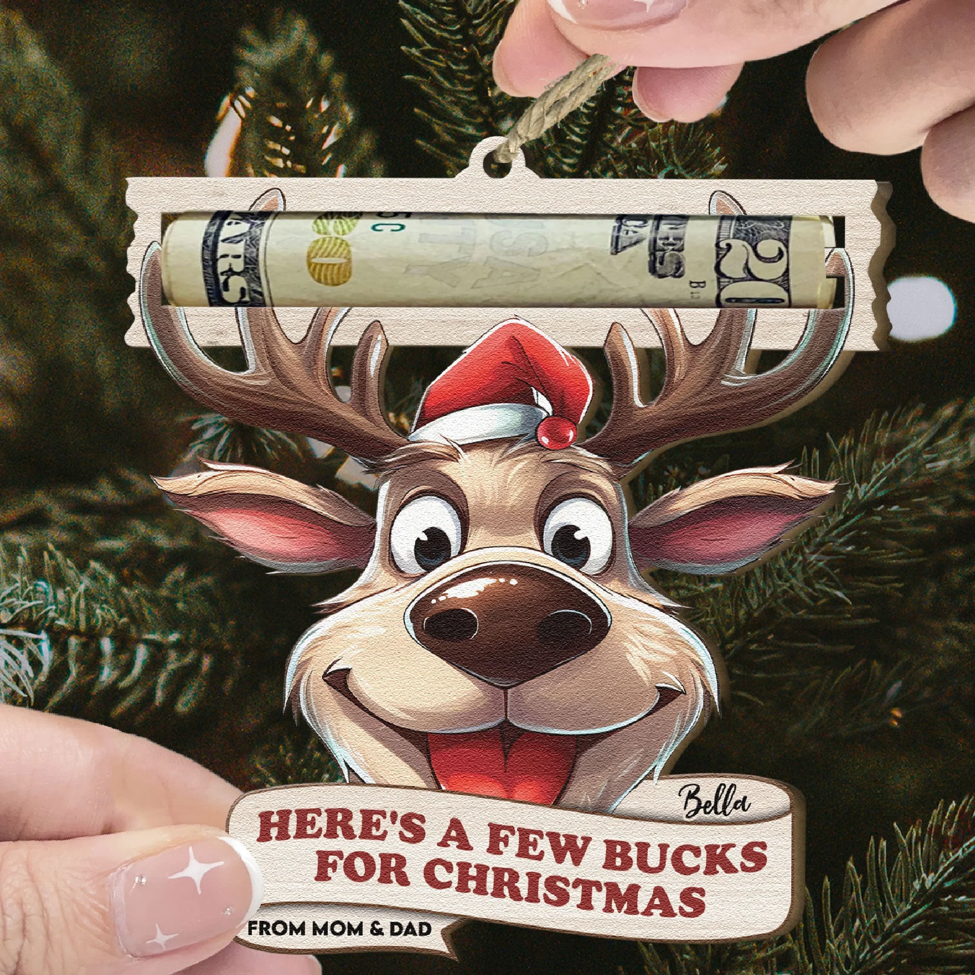 Here's A Few Bucks For Christmas - Personalized Wooden Ornament - Image 2