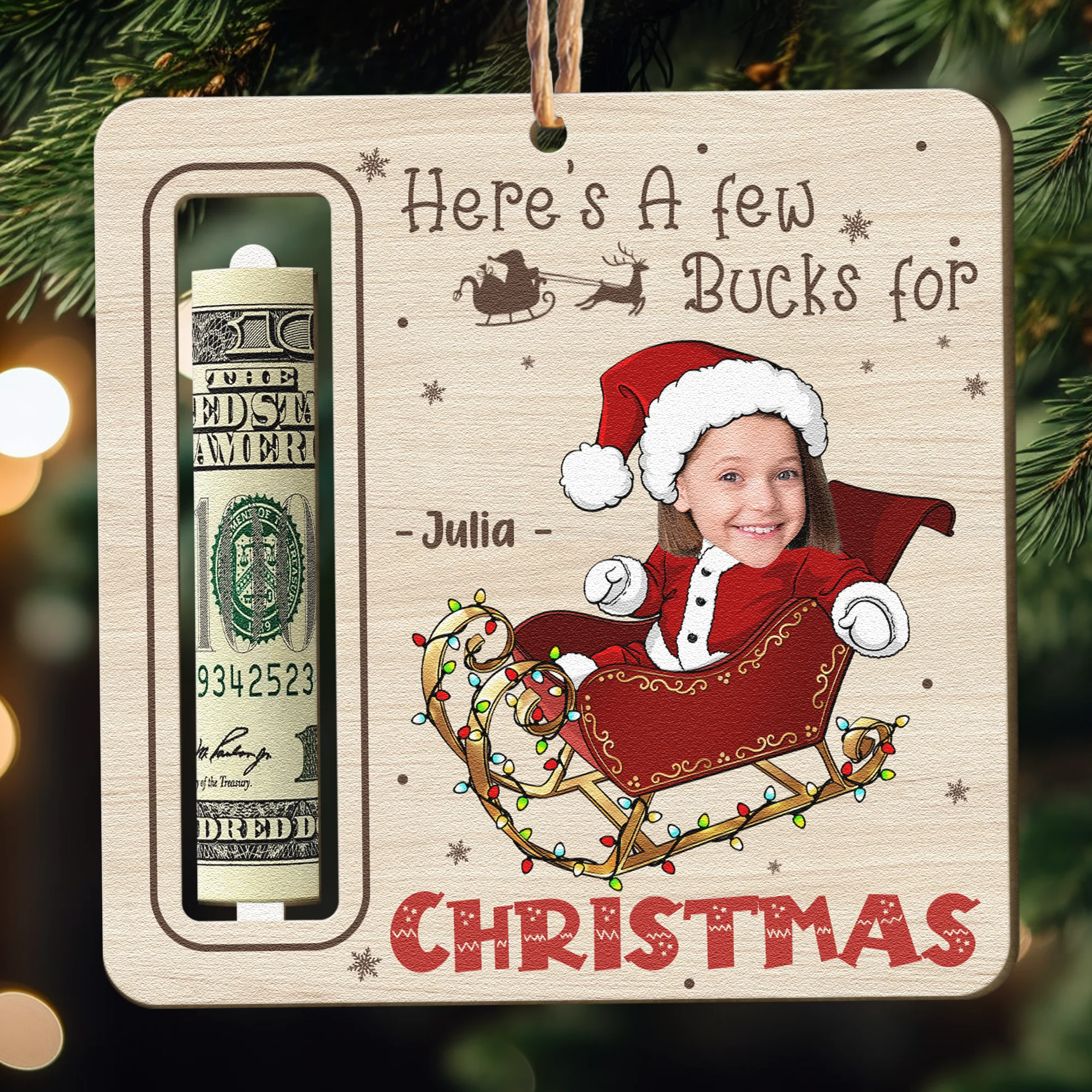 Here's A Few Bucks For Kid Christmas Money Holder - Personalized Wooden Photo Ornament - Image 2