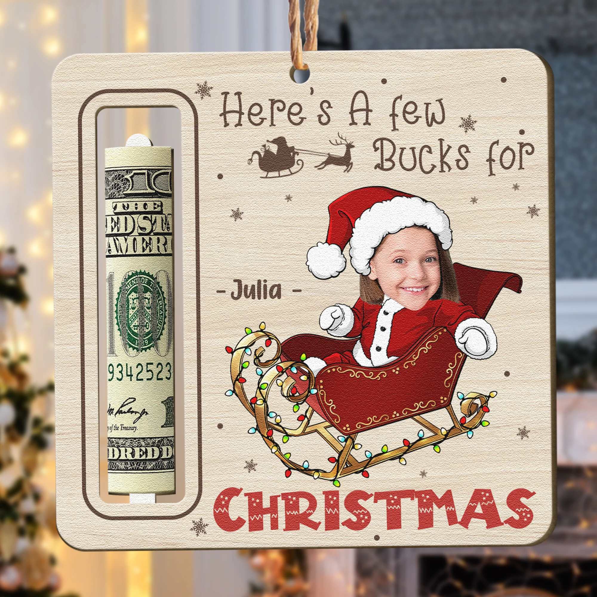 Here's A Few Bucks For Kid Christmas Money Holder - Personalized Wooden Photo Ornament - Image 4
