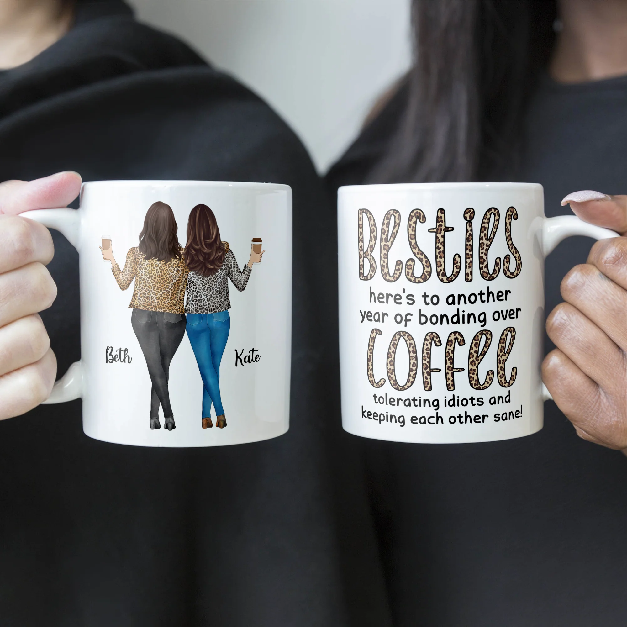 Here's To Another Year Of Bonding Over Coffee - Personalized Mug - Birthday, New Year Gift For Besties, Soul Sisters, Sistas, BFF, Friends - Leopard Pattern Jacket Women - Image 4