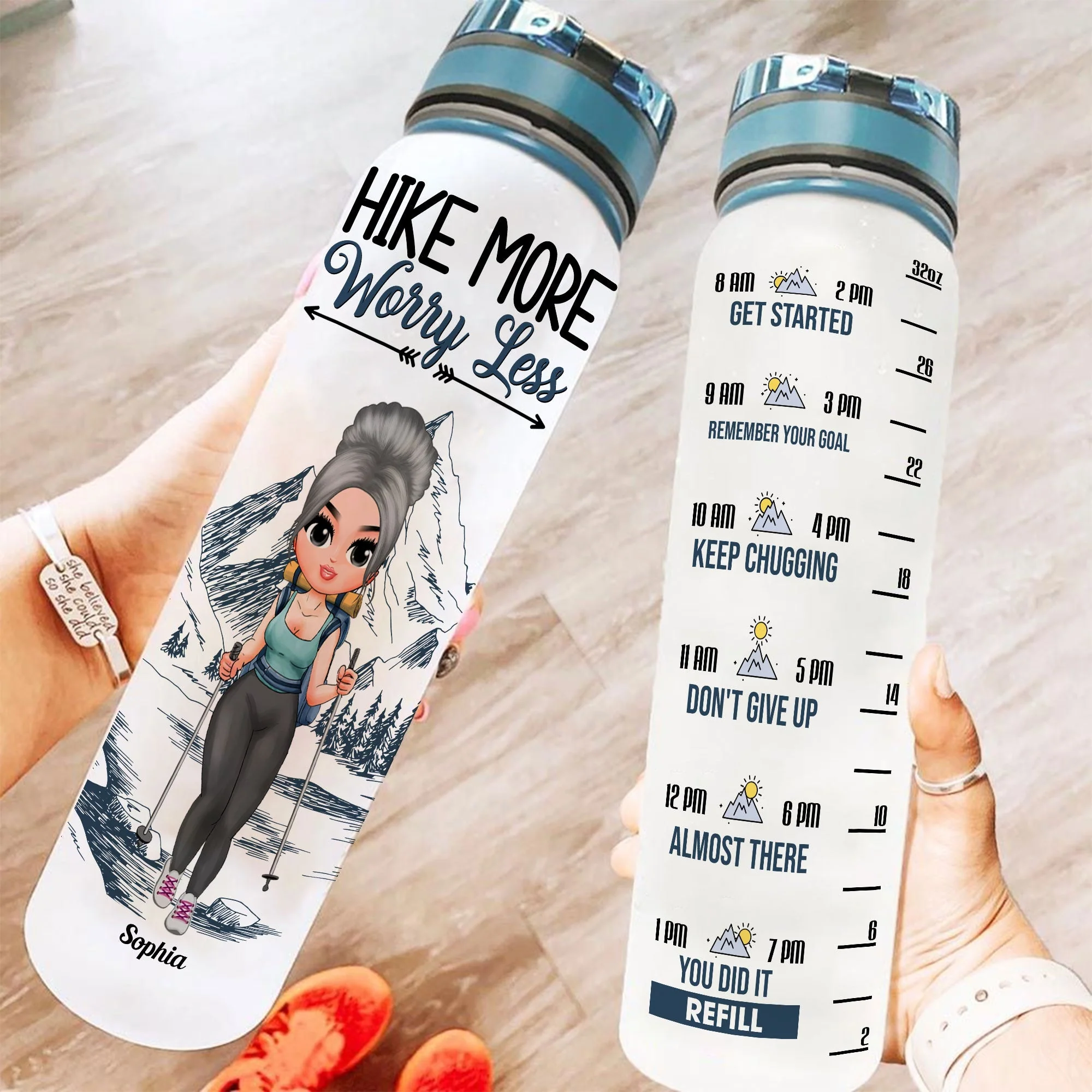Hike More, Worry Less - Personalized Water Bottle With Time Marker - Birthday Gift For Hikers, Hiking Lovers, Hiking Girls, Hiking Gift - Image 2
