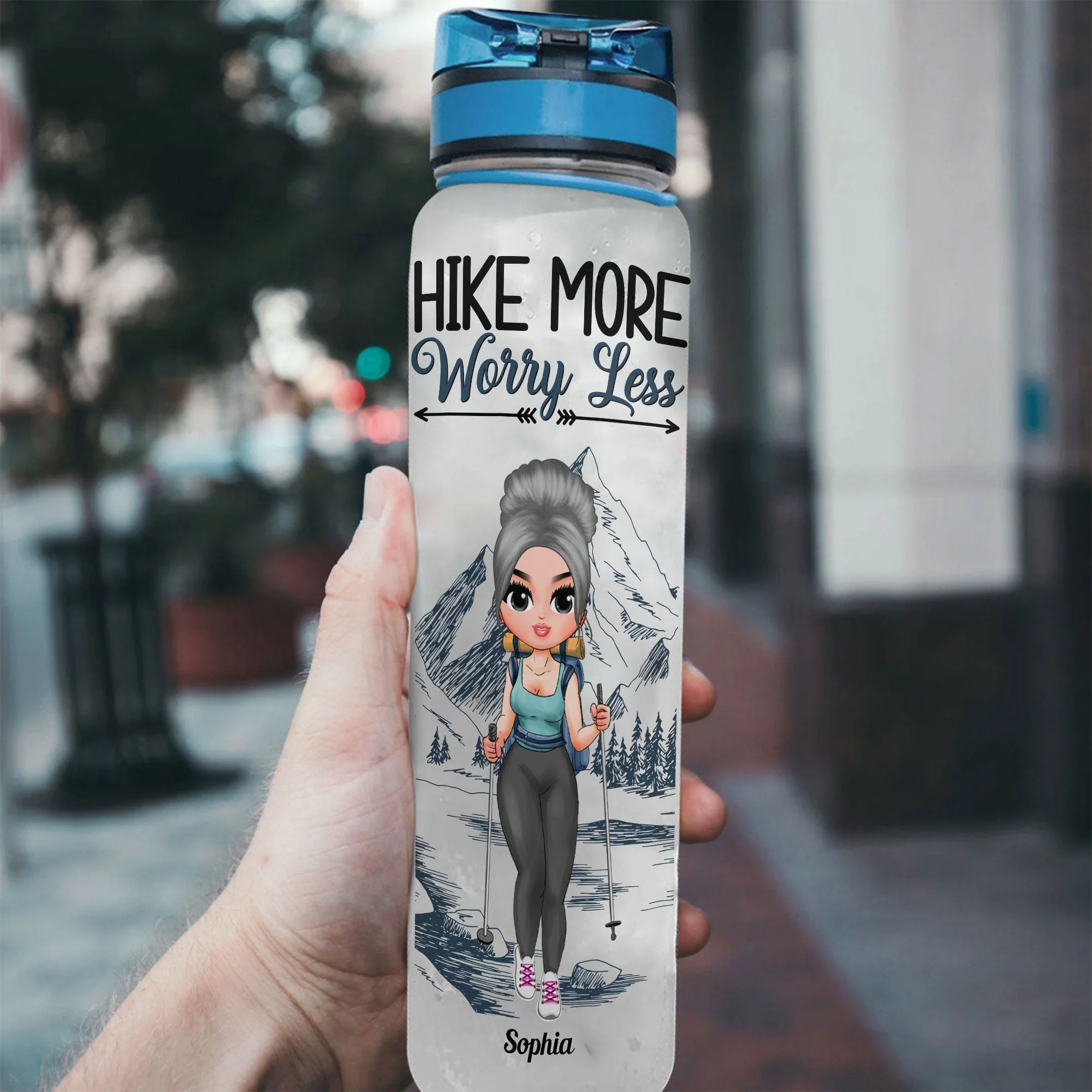 Hike More, Worry Less - Personalized Water Bottle With Time Marker - Birthday Gift For Hikers, Hiking Lovers, Hiking Girls, Hiking Gift - Image 3