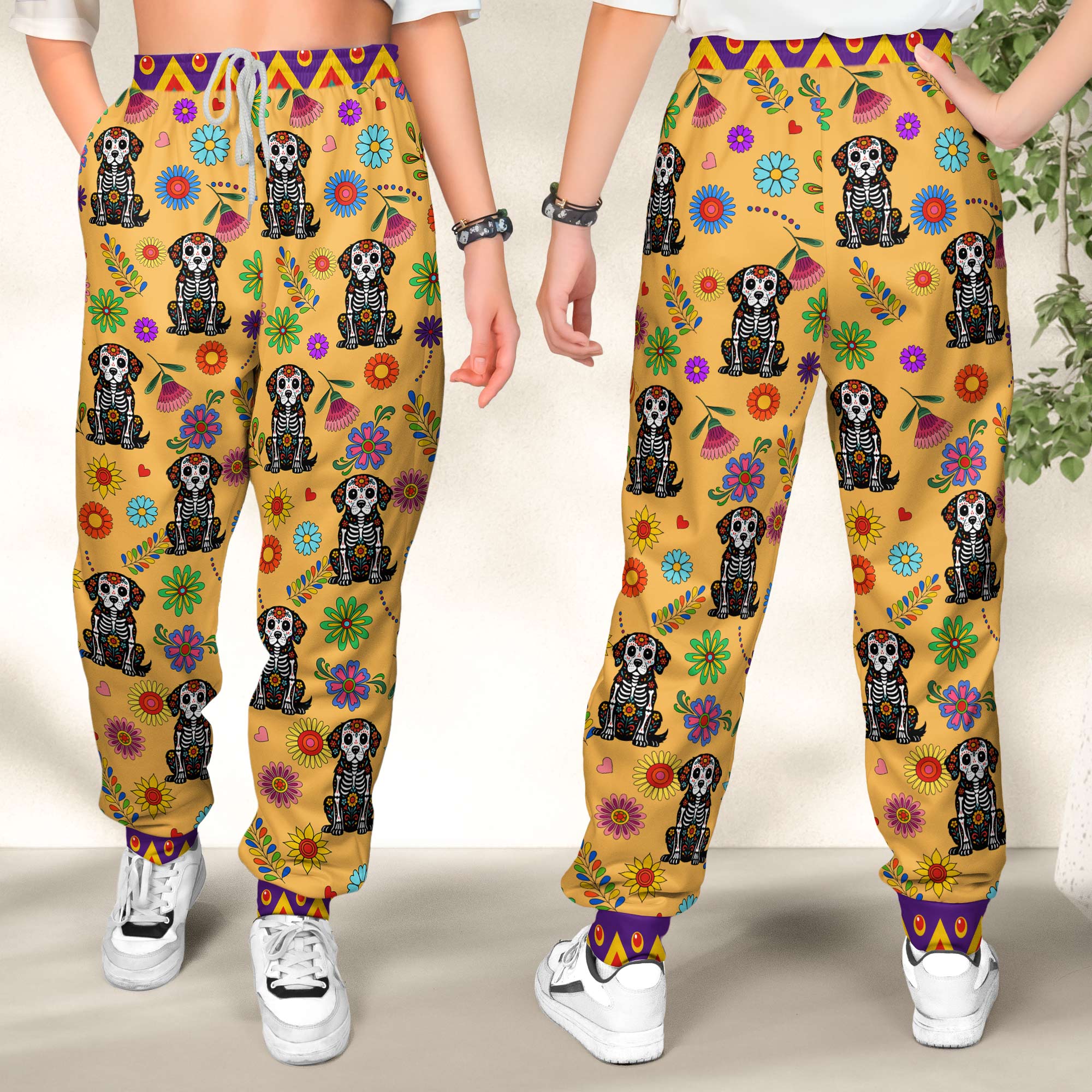 Hispanic Floral Pet Sugar Skull Halloween Day Of The Dead - Personalized Sweatpants - Image 2