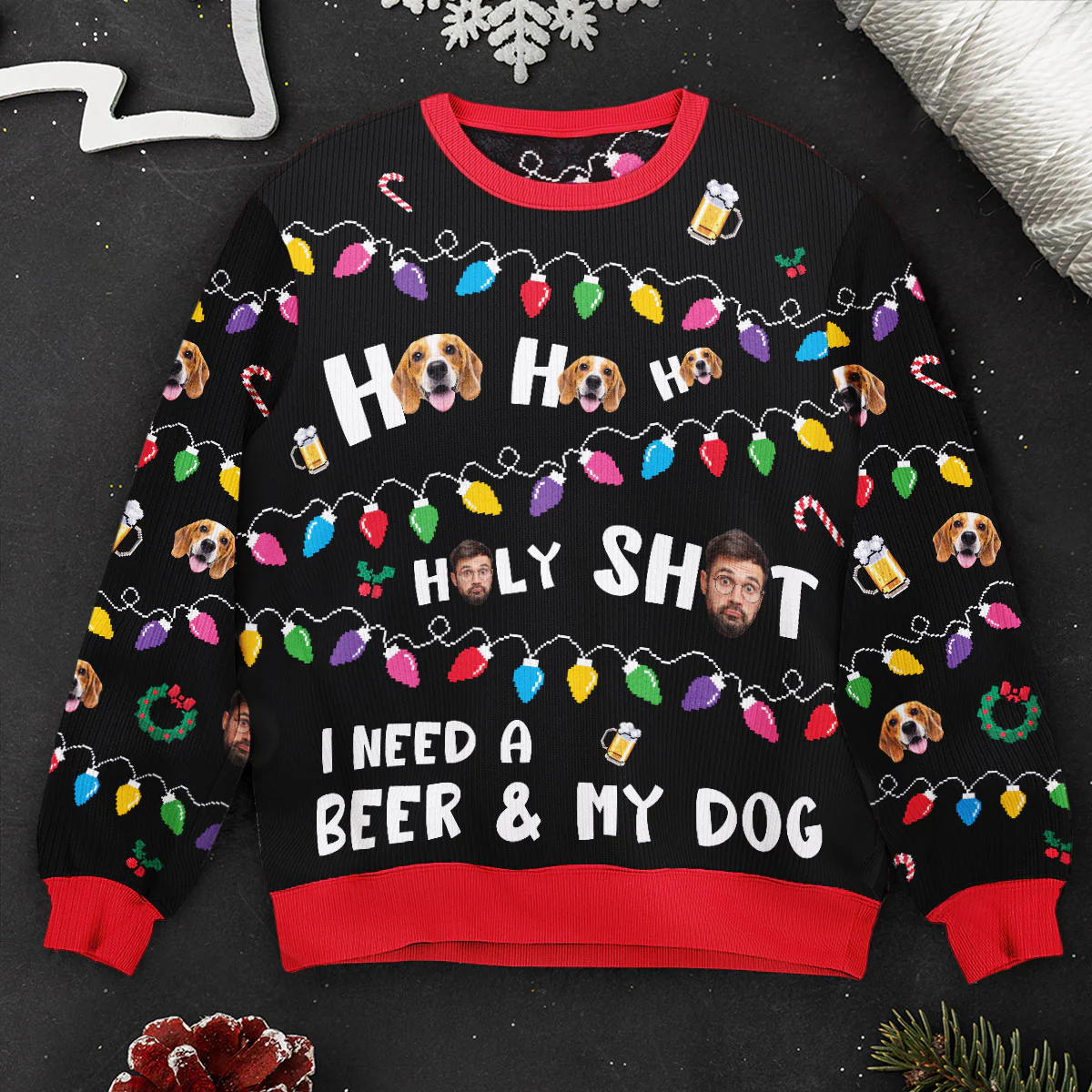Ho Ho Holy I Need A Beer And My Dog - Personalized Photo Ugly Sweater - Image 4