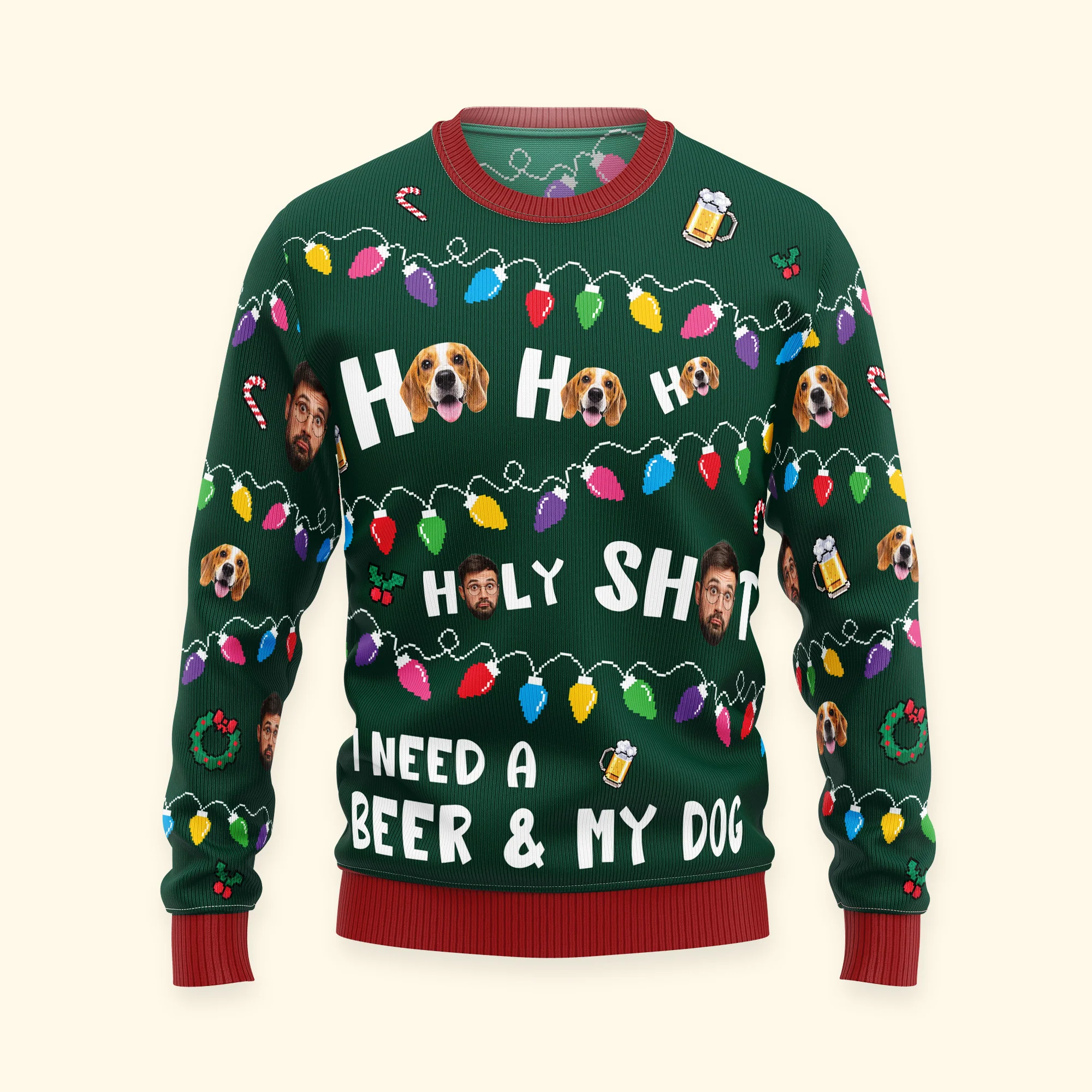 Ho Ho Holy I Need A Beer And My Dog - Personalized Photo Ugly Sweater - Image 5