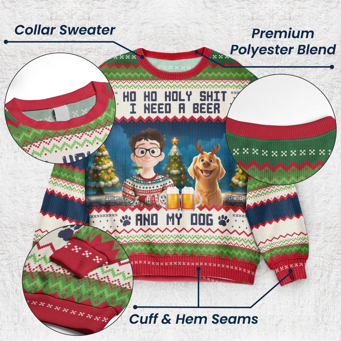 Ho Ho Holy I Need A Beer Bourbon Wine And My Dog New Ver - Personalized Ugly Sweater - Image 3