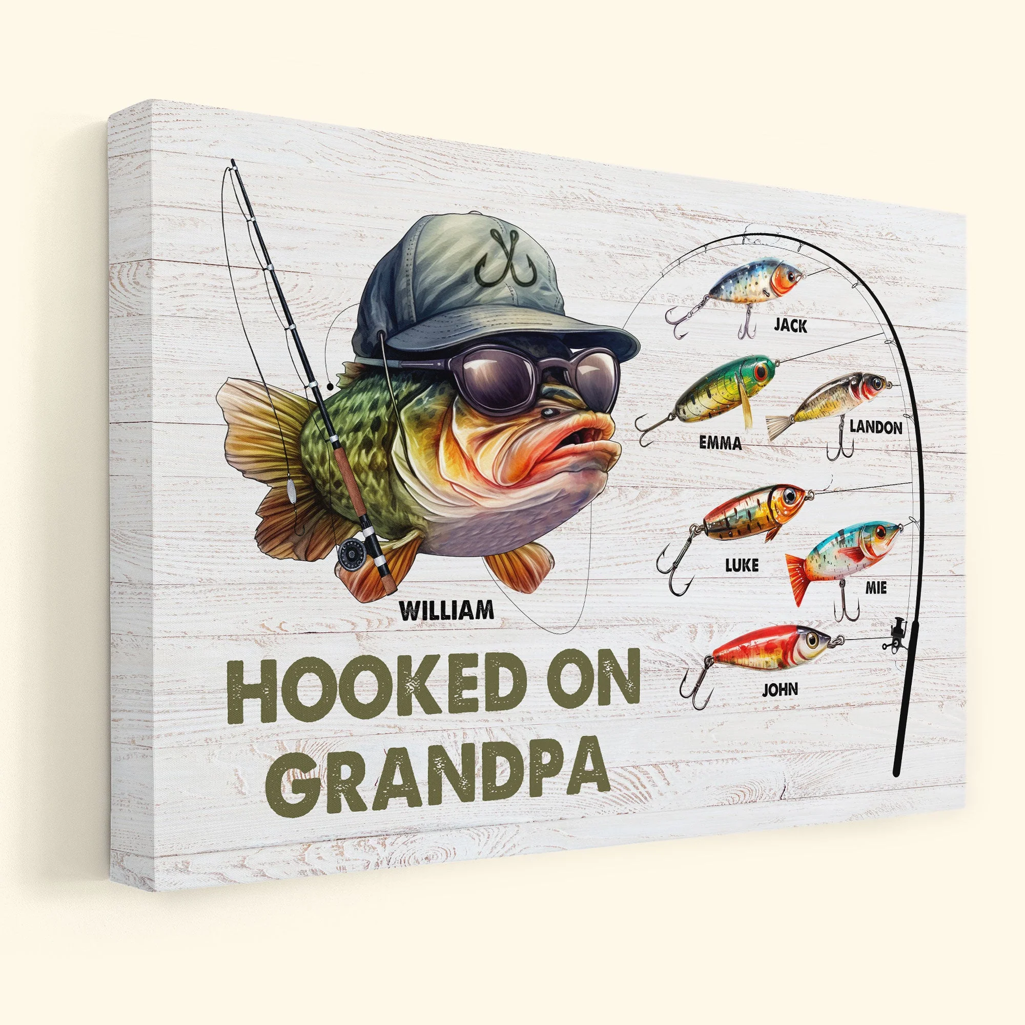 Hooked On Grandpa Papa Dad - Personalized Wrapped Canvas - Image 2