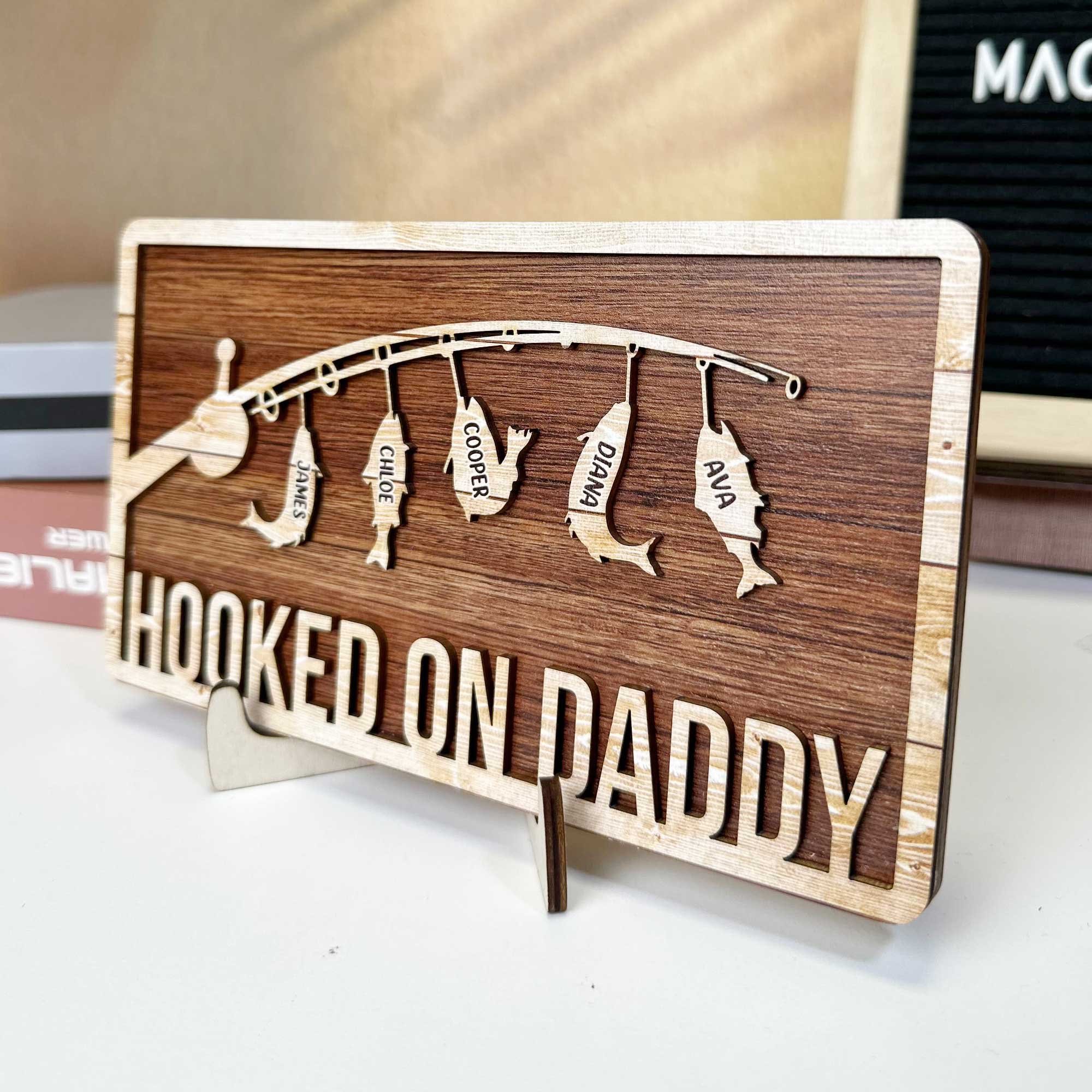 Hooked On Papa Daddy - Personalized 2 Layers Wooden Plaque - Image 2