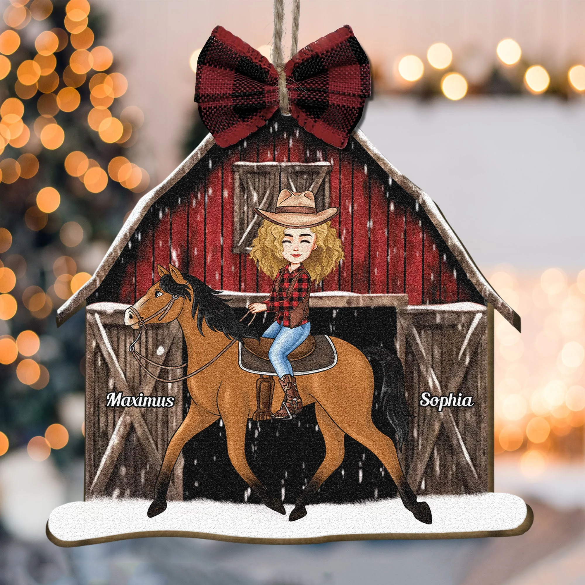Horse Lovers Girl Riding Horse Red Xmas Barn - Personalized Wooden Ornament - Vintage Ornament - Image 2