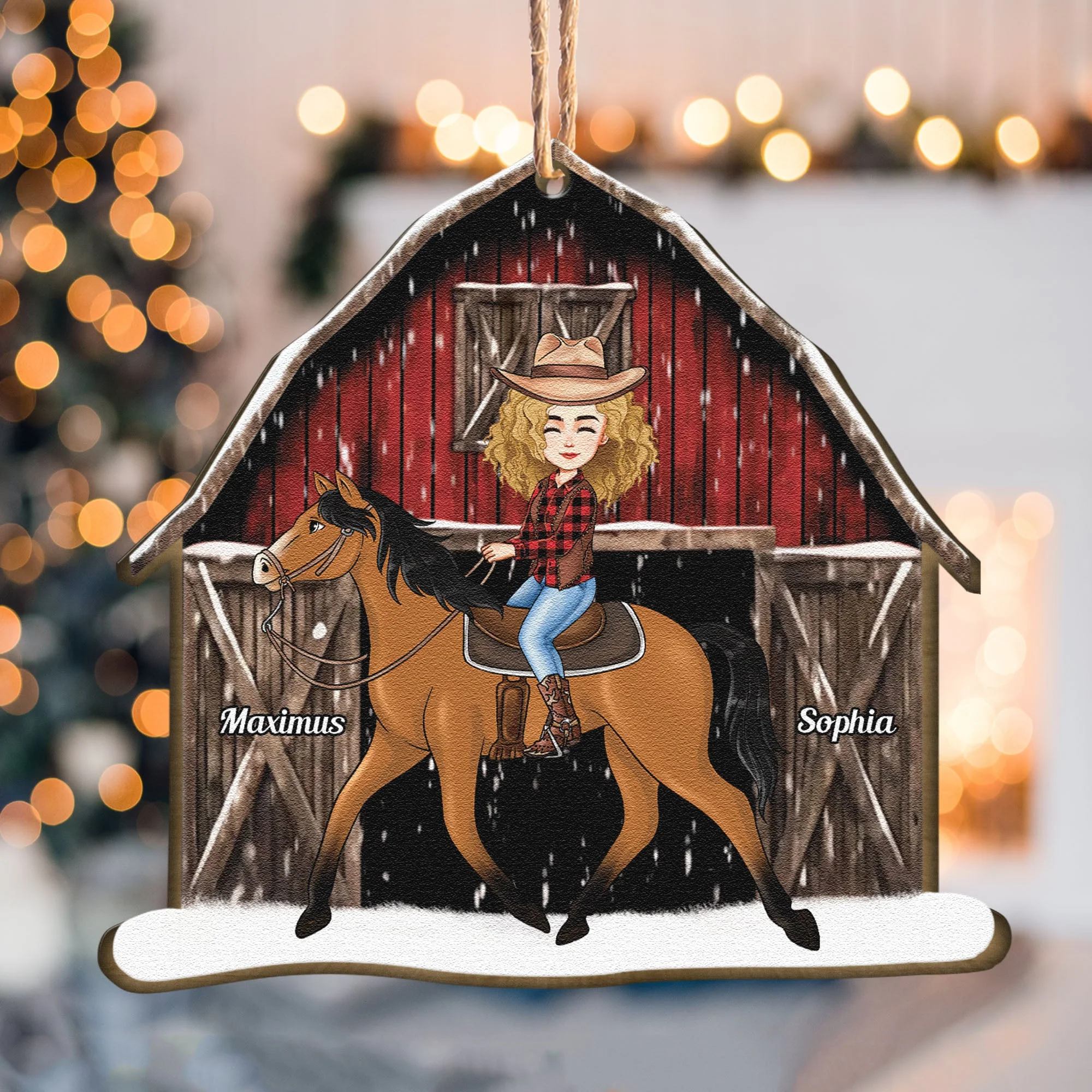 Horse Lovers Girl Riding Horse Red Xmas Barn - Personalized Wooden Ornament - Vintage Ornament - Image 3