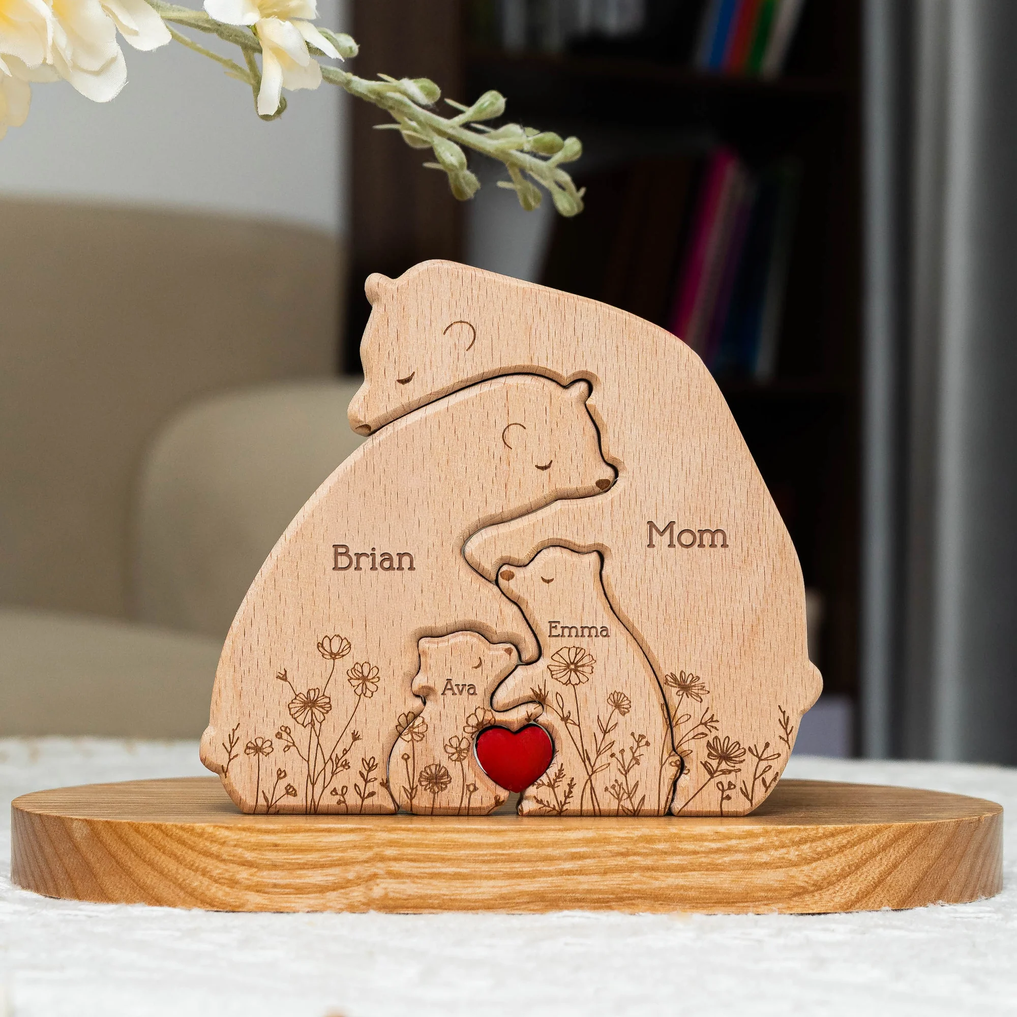 Hugging Bear Family Floral Version - Personalized Wooden Bear Family Puzzle - Gift For Mom - Image 2