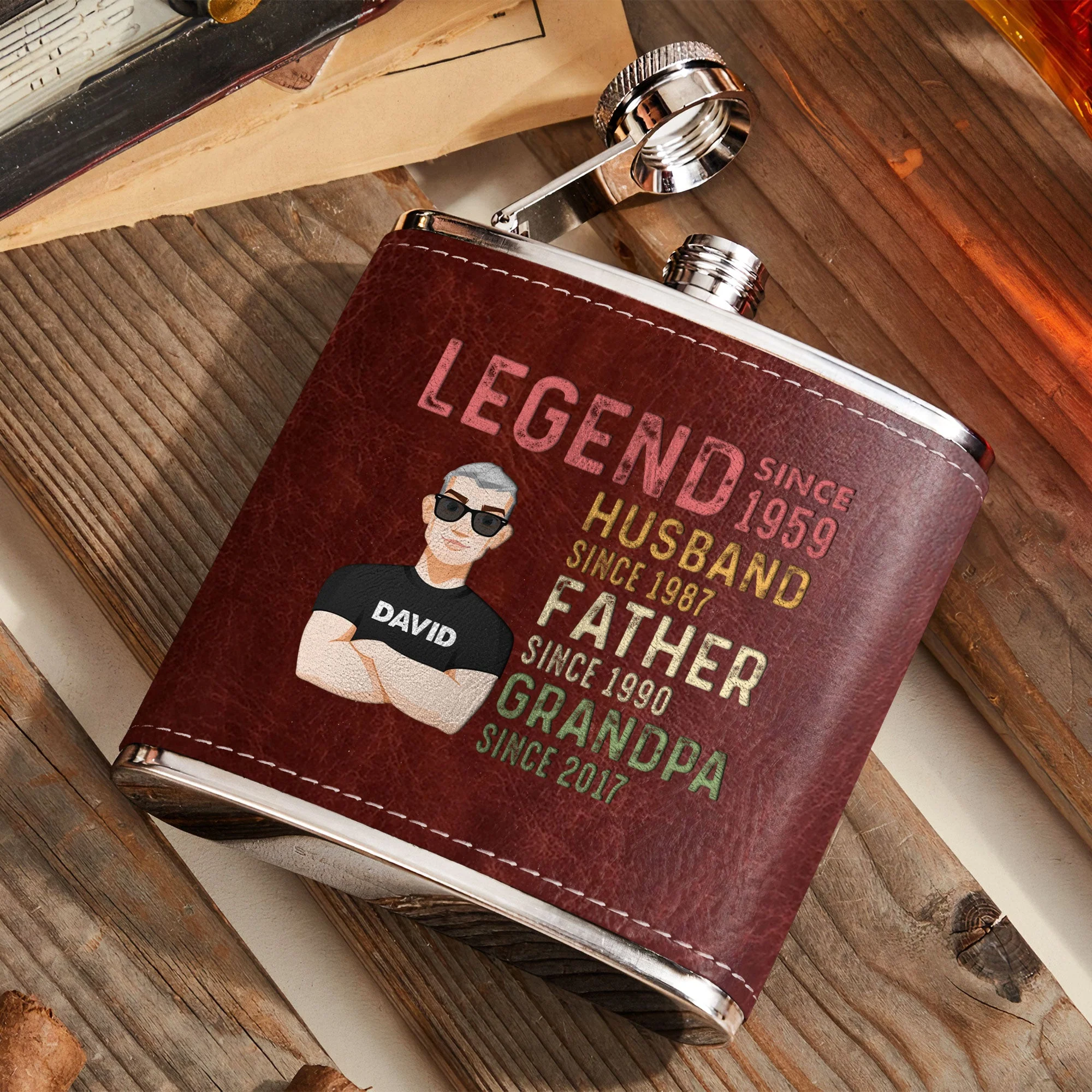 Husband Dad Grandpa Legend Custom Since - Personalized Leather Flask - Image 2