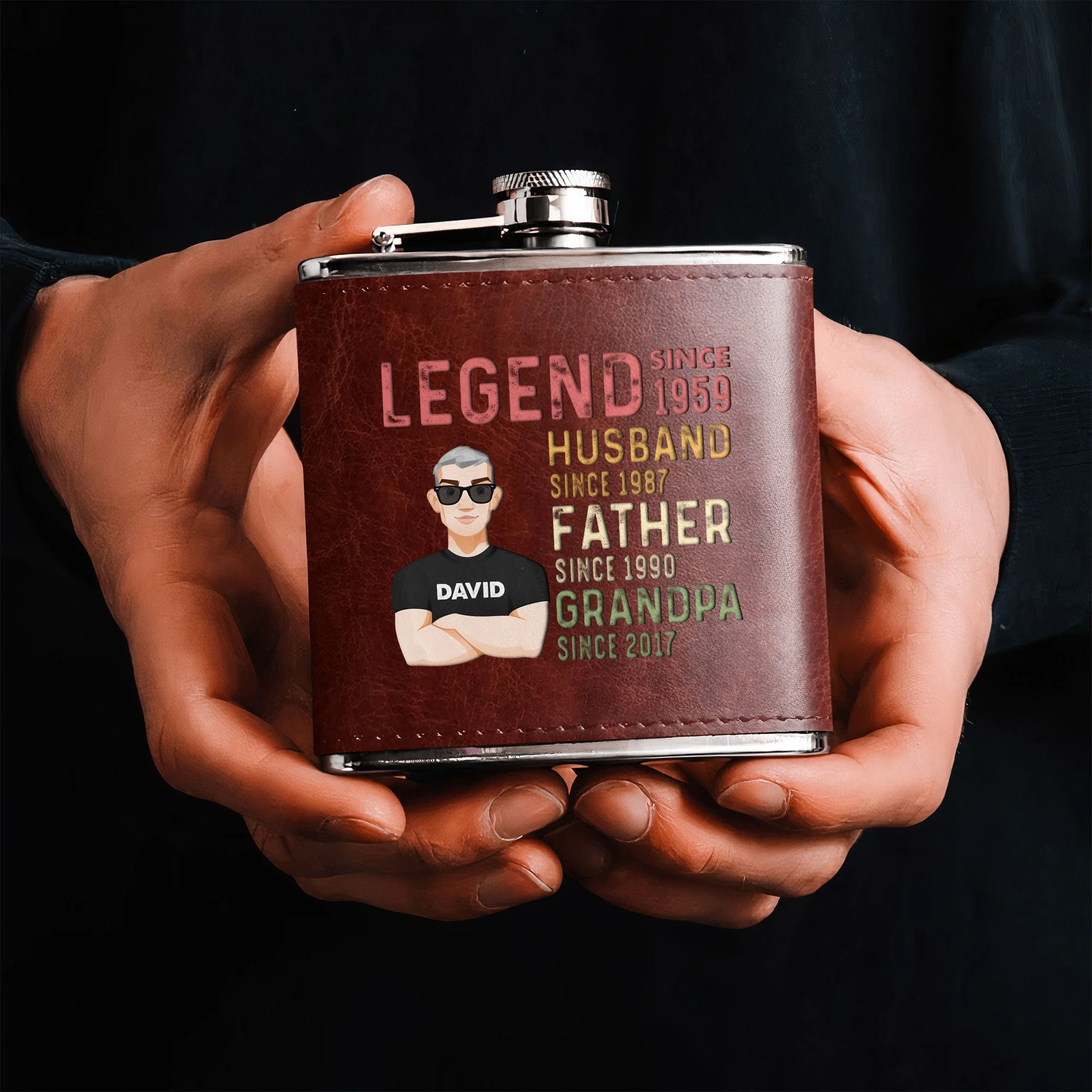 Husband Dad Grandpa Legend Custom Since - Personalized Leather Flask - Image 3