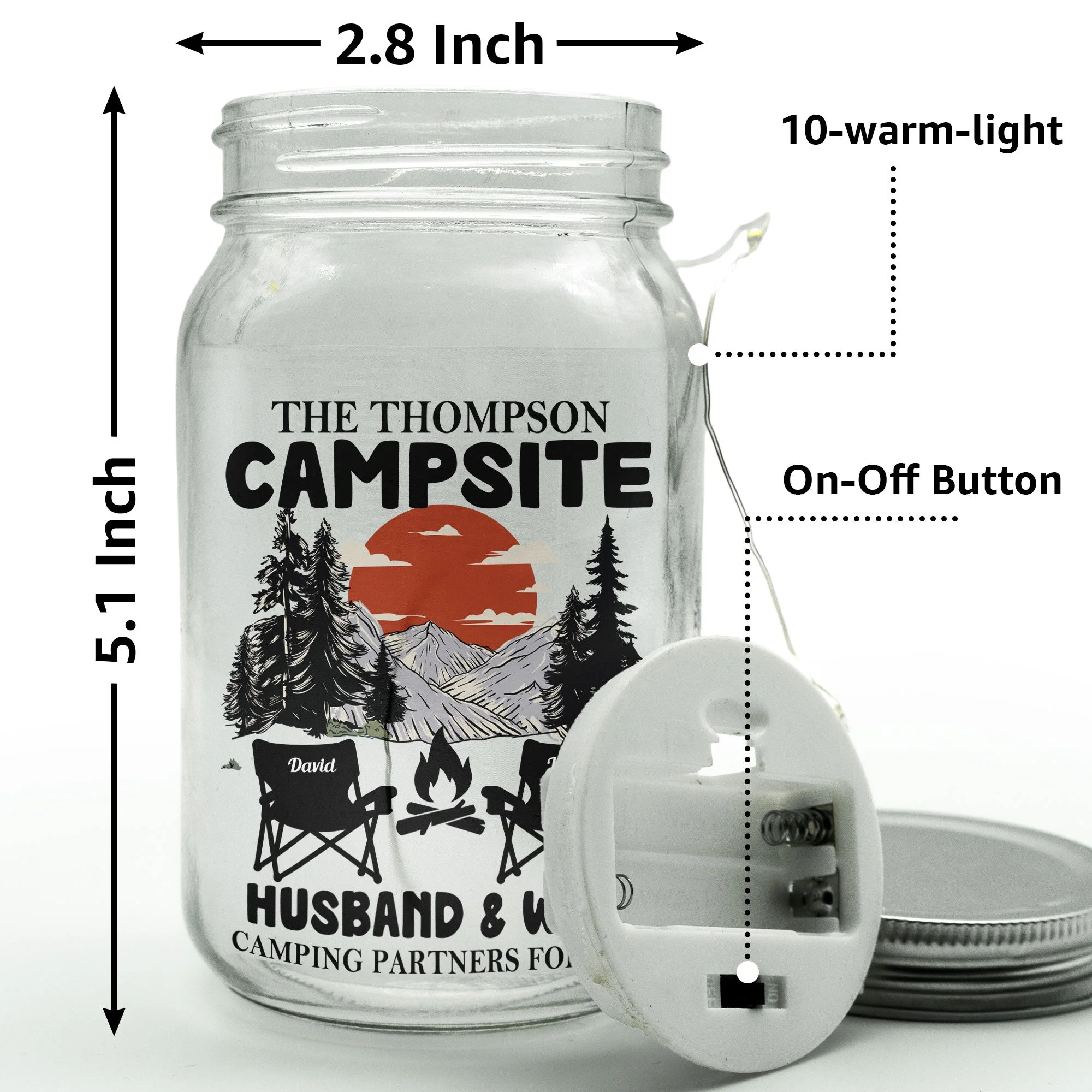 Husband & Wife Camping Partners For Life - Personalized Mason Jar Light - Image 2