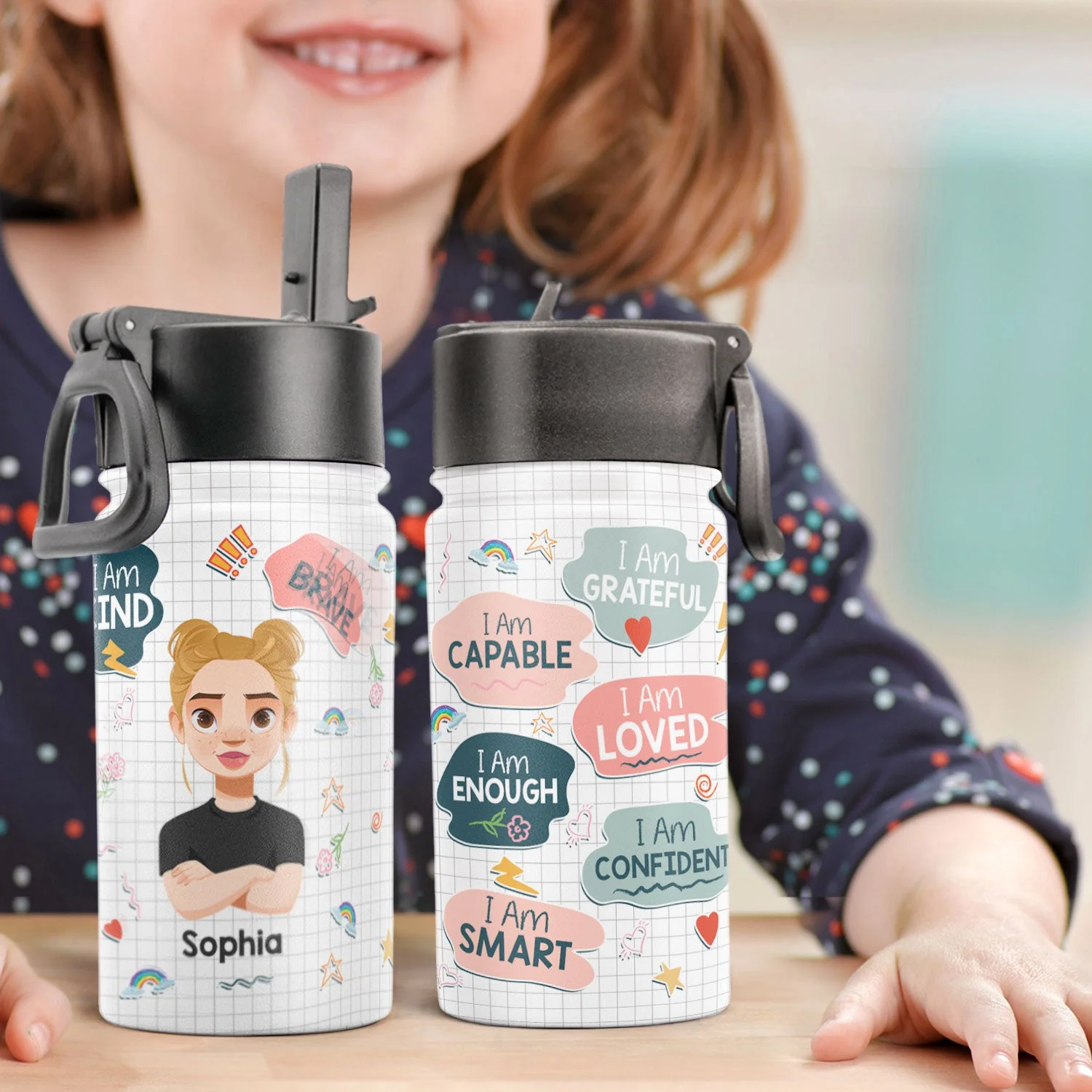 I Am Kind Motivation Affirmations - Personalized Kids Water Bottle With Straw Lid - Image 2