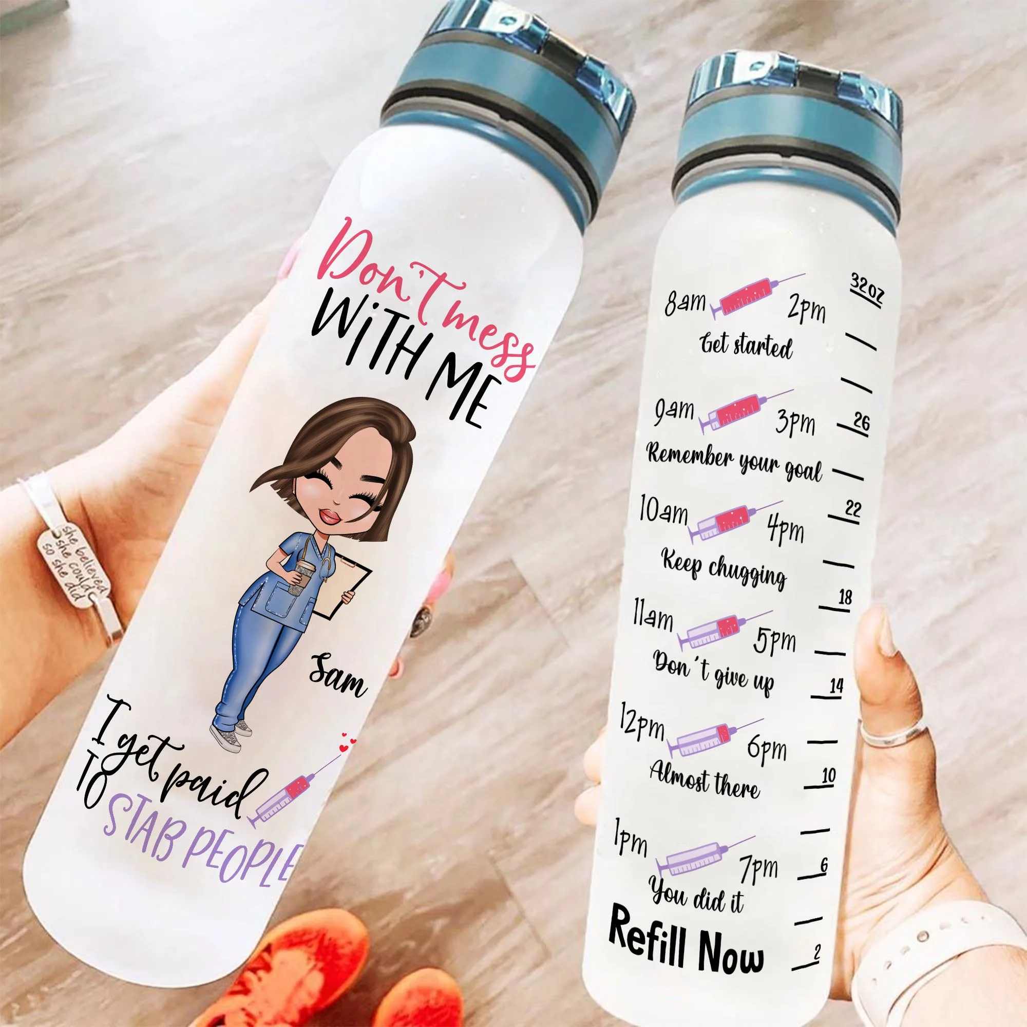 I Get Paid To Stab People - Personalized Water Tracker Bottle - Image 2