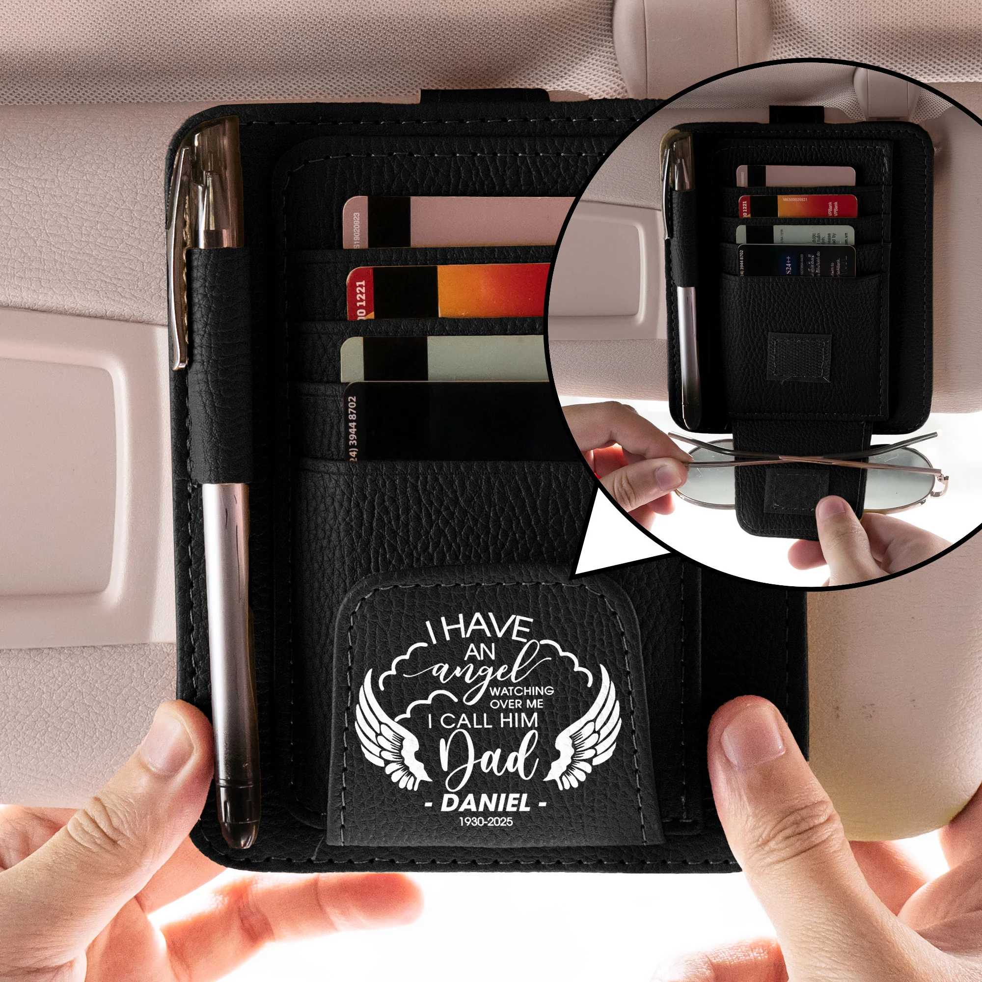 I Have An Angel Watching Over Me - Memorial Gifts - Personalized Leather Car Visor Organizer - Image 2