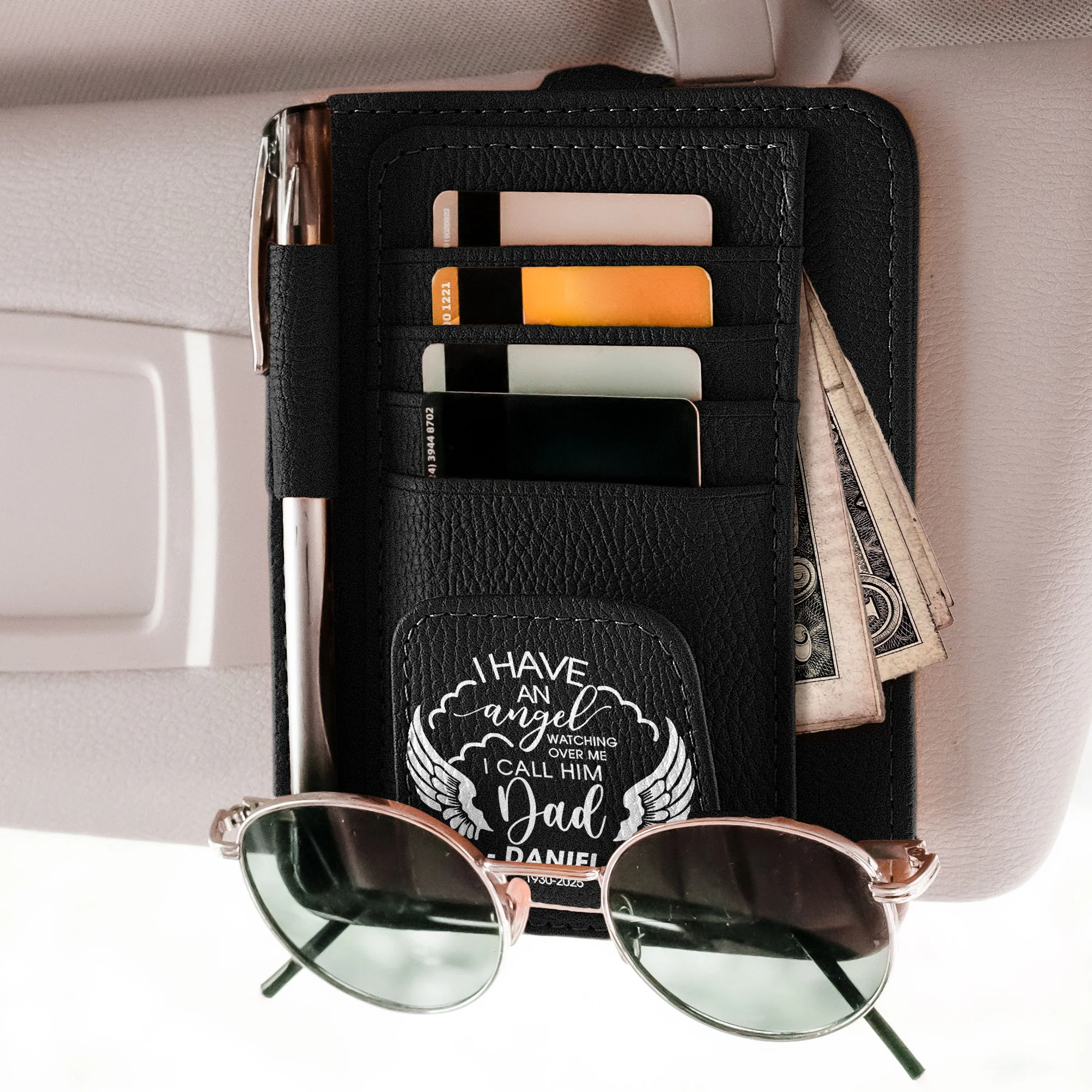 I Have An Angel Watching Over Me - Memorial Gifts - Personalized Leather Car Visor Organizer - Image 3