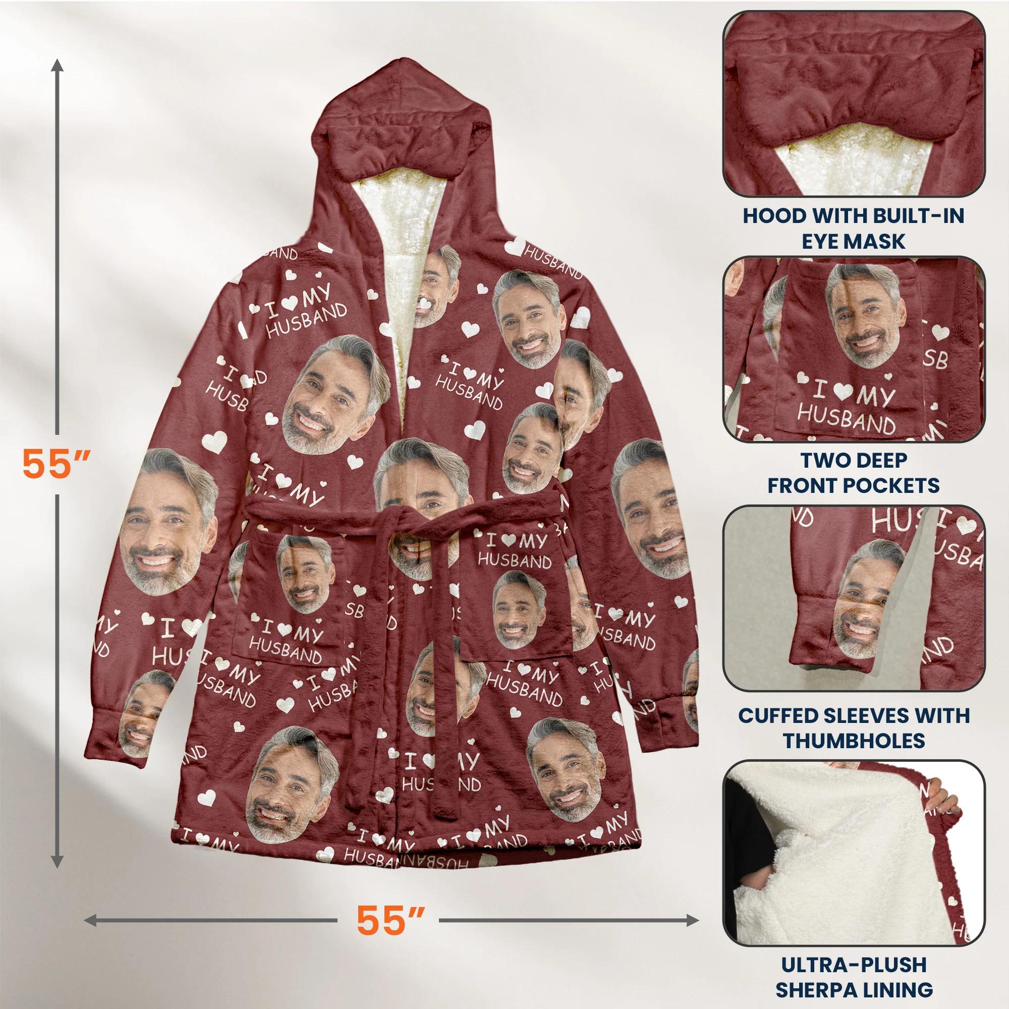I Love My Husband - Personalized Photo Hooded Robe - Image 6