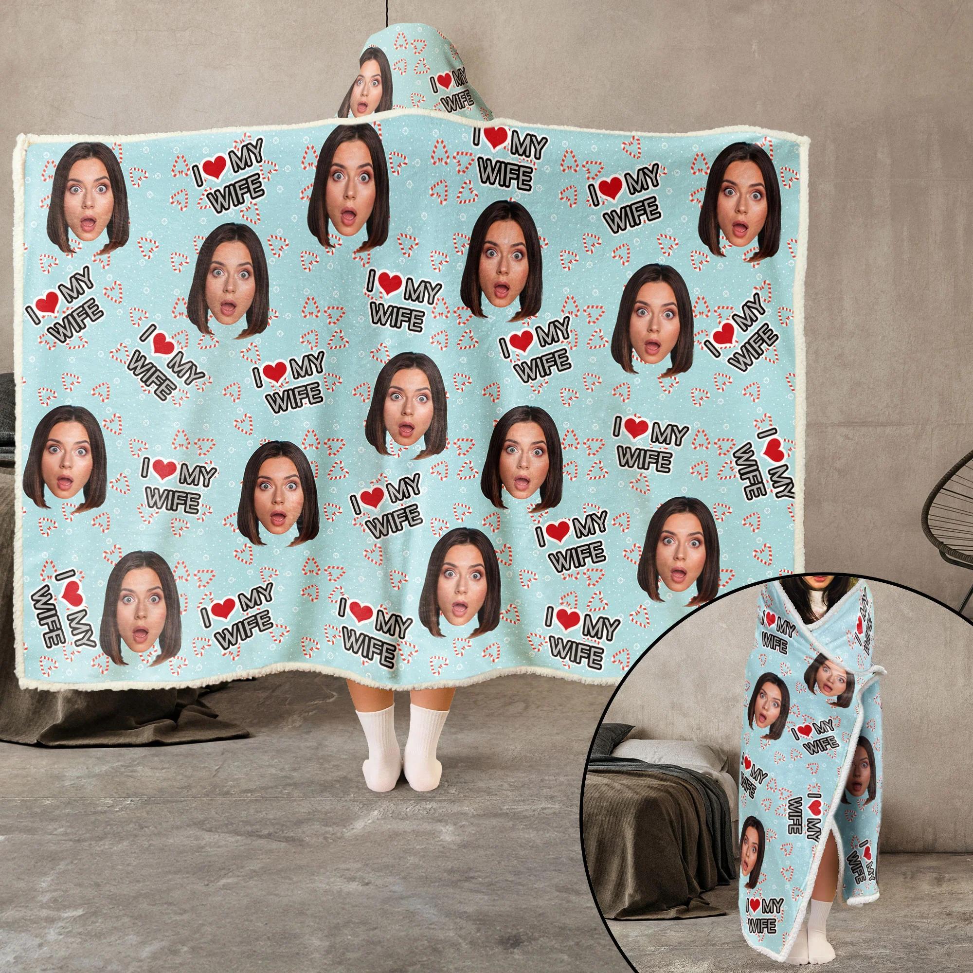 I Love My Wife, Husband - Personalized Photo Wearable Blanket Hoodie - Image 4