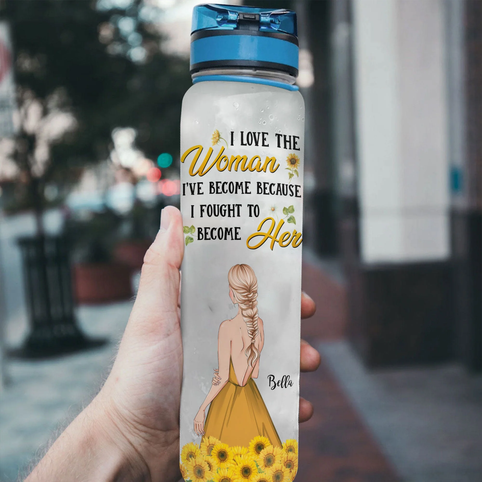 I Love The Woman I've Become - Personalized Water Tracker Bottle - Birthday, Motivational Gift For Her, Girls, Sunflowers Girl, Positive Gift - Image 3