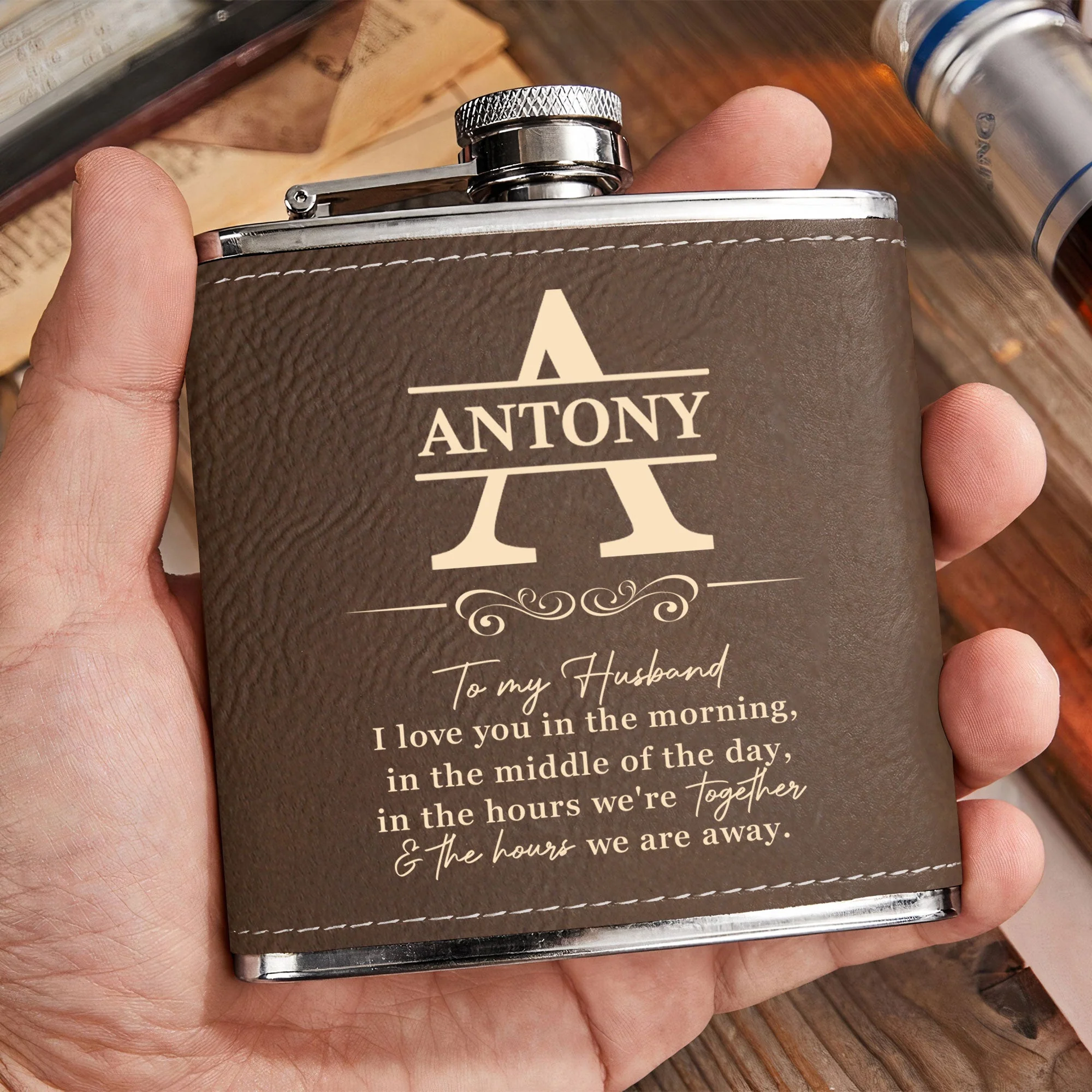 I Love You In The Morning Monogram - Personalized Leather Flask - Image 2