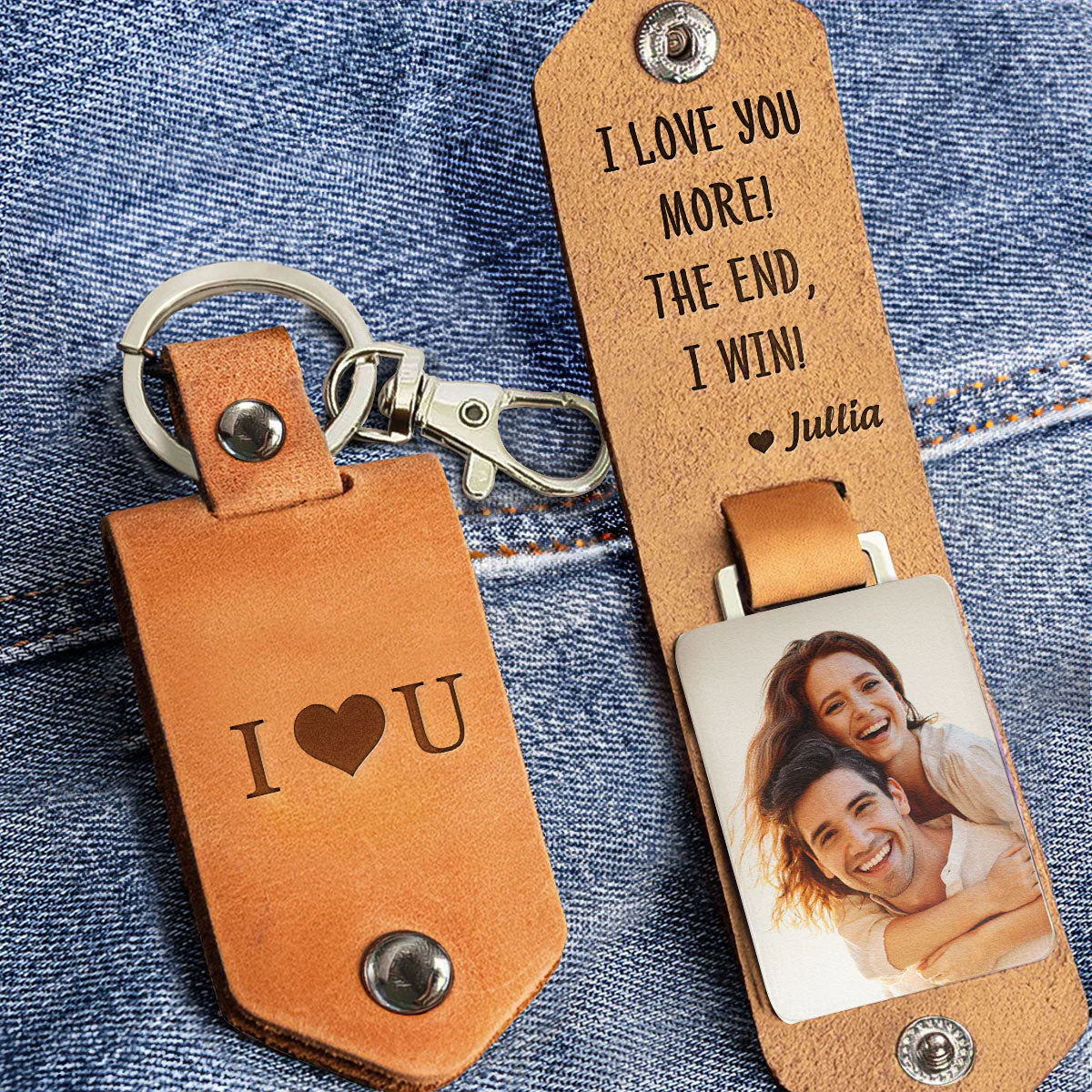 I Love You More! - Personalized Leather Photo Keychain - Birthday Gifts For Men, Husband, Him