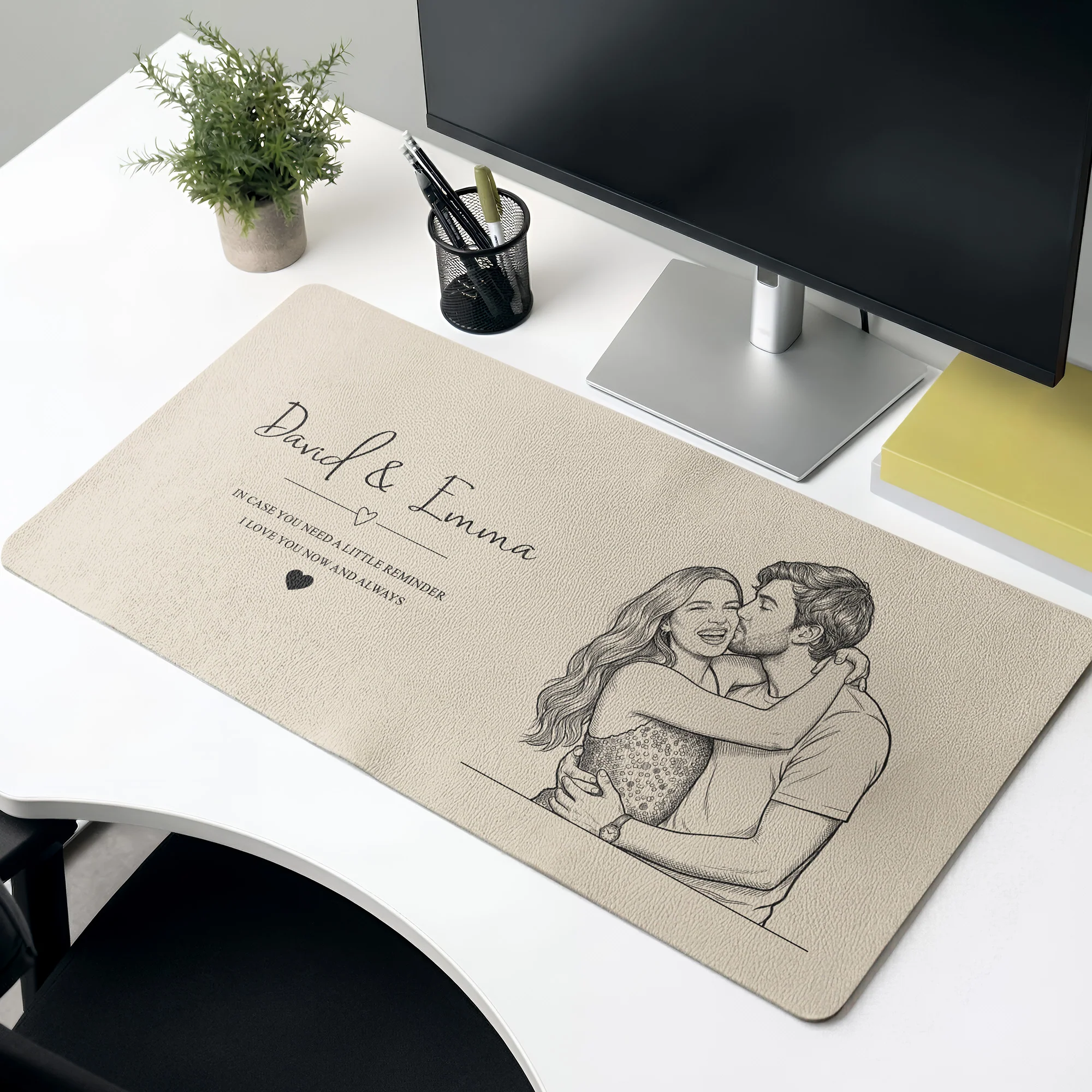 I Love You Now And Always Couple Photo Sketch Line Art - Personalized Desk Mat - Image 2