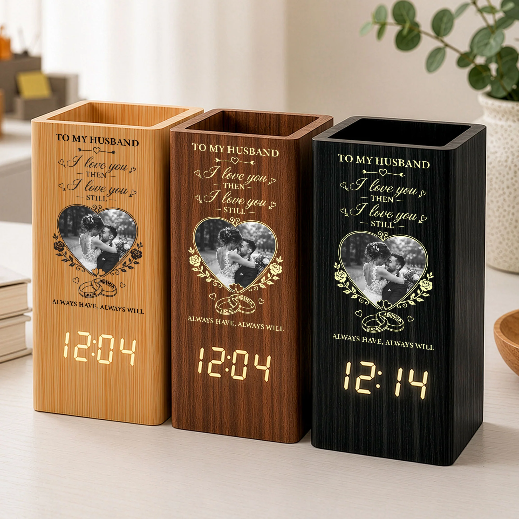 I Love You Then I Love You Still, Wedding Gifts, Anniversary Gift For Her, Couple - Personalized Pen Holder With Clock - Image 2