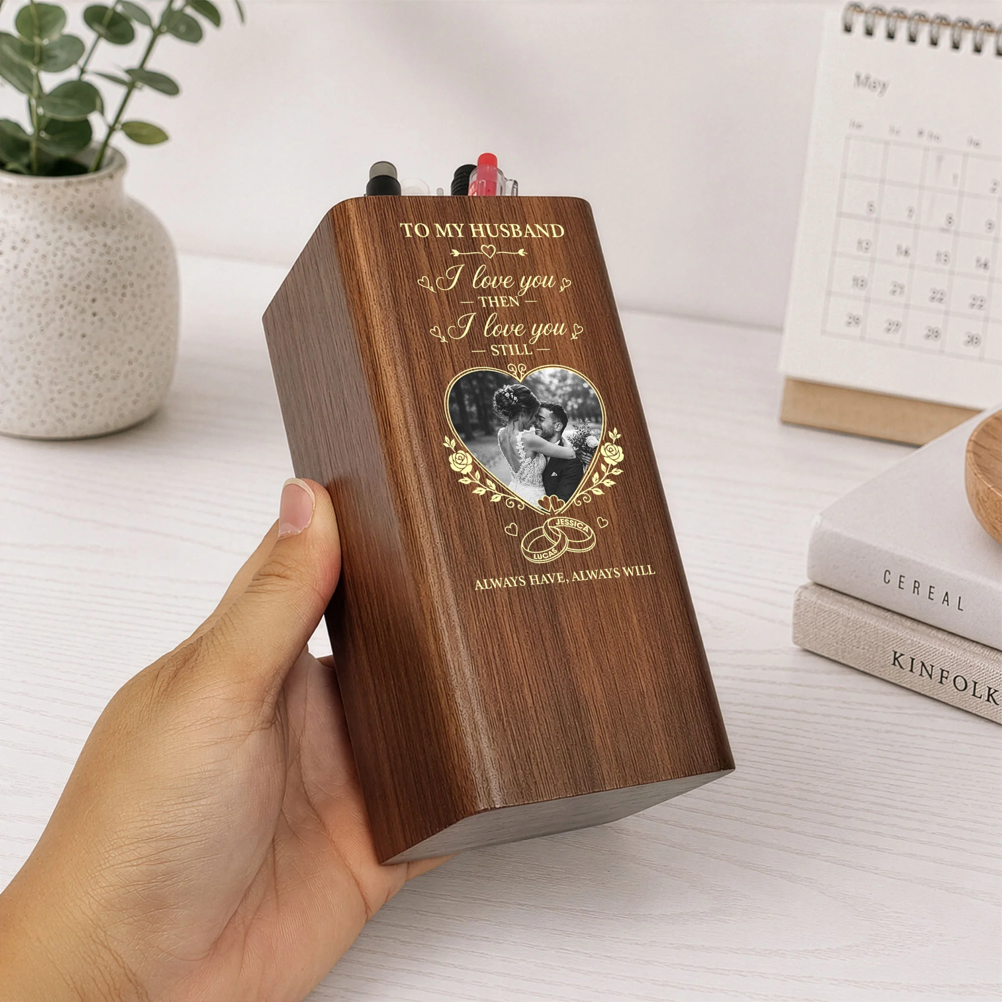 I Love You Then I Love You Still, Wedding Gifts, Anniversary Gift For Her, Couple - Personalized Pen Holder With Clock - Image 4