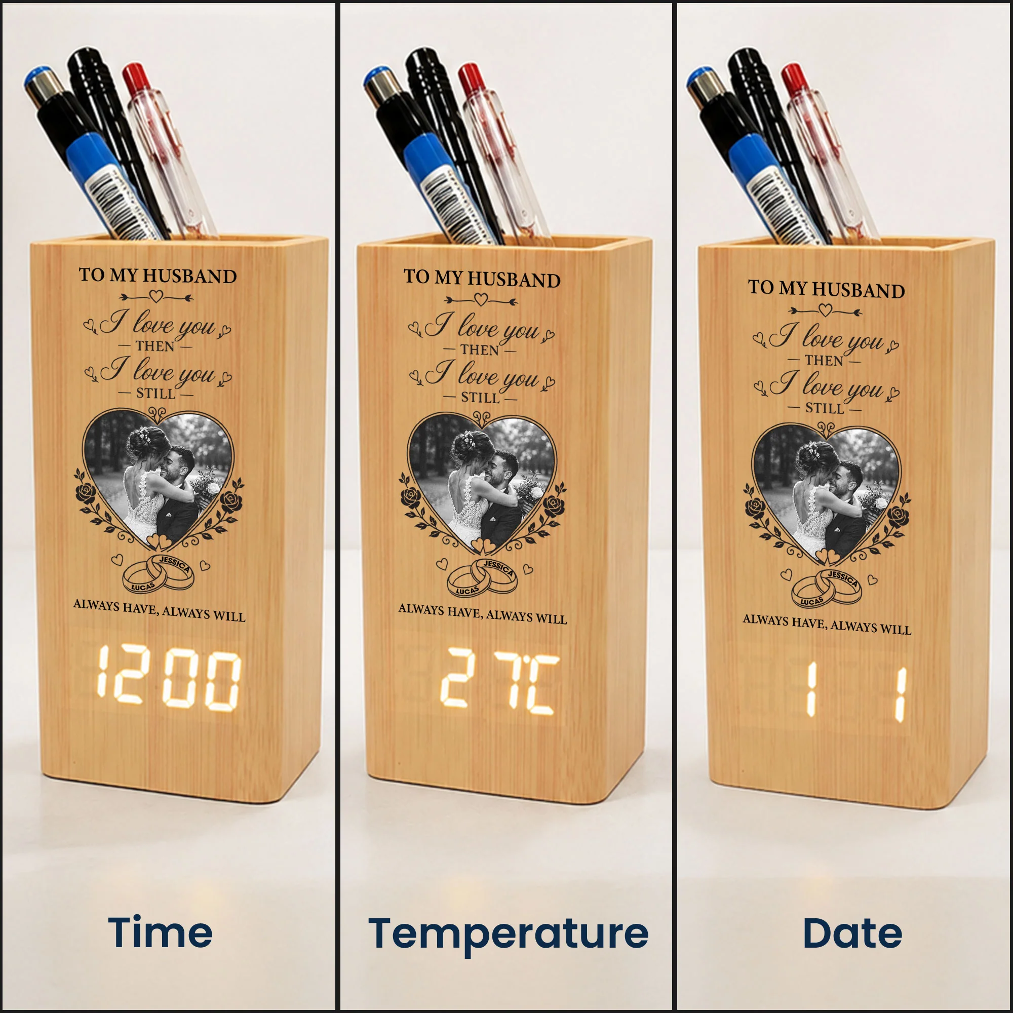I Love You Then I Love You Still, Wedding Gifts, Anniversary Gift For Her, Couple - Personalized Pen Holder With Clock - Image 5