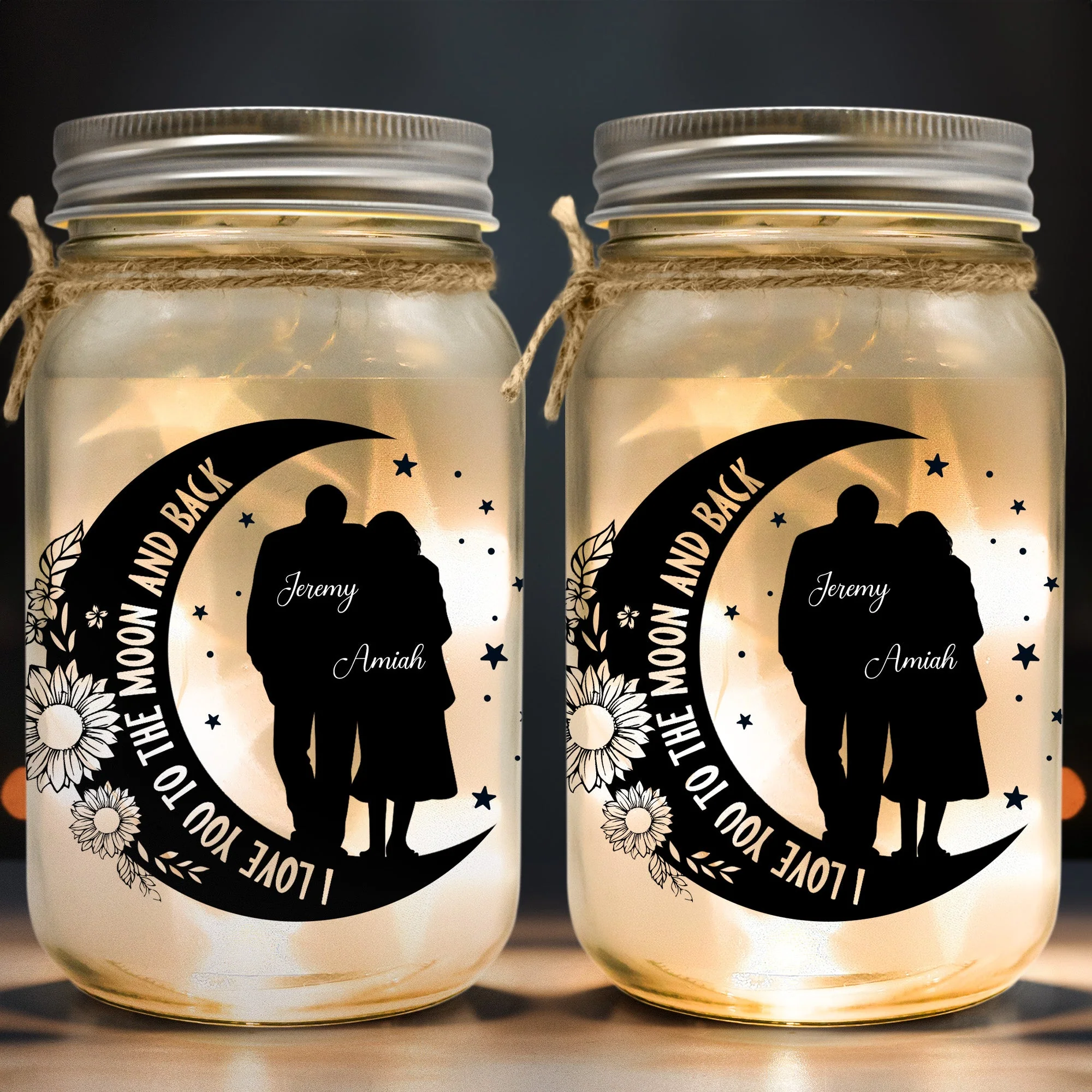 I Love You To The Moon And Back Couple Gift - Personalized Mason Jar Light - Image 2