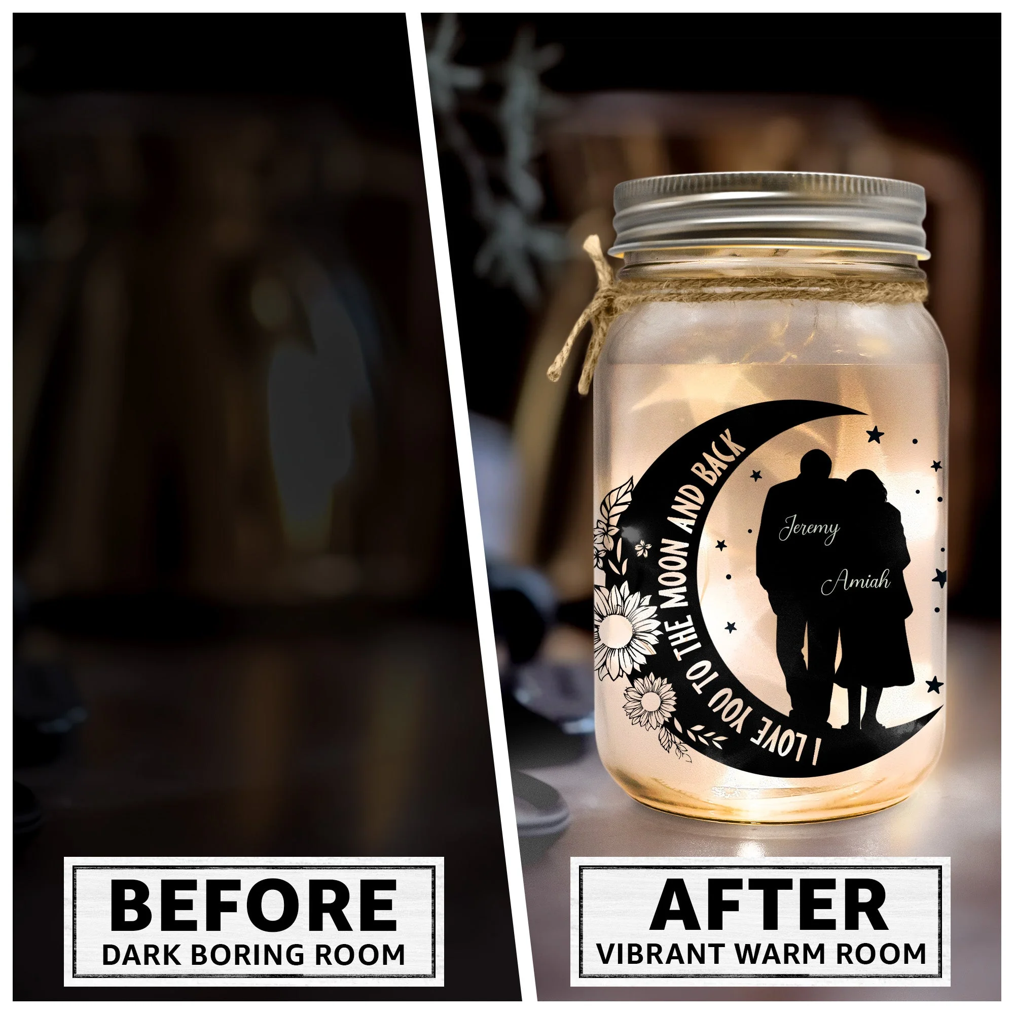I Love You To The Moon And Back Couple Gift - Personalized Mason Jar Light - Image 4