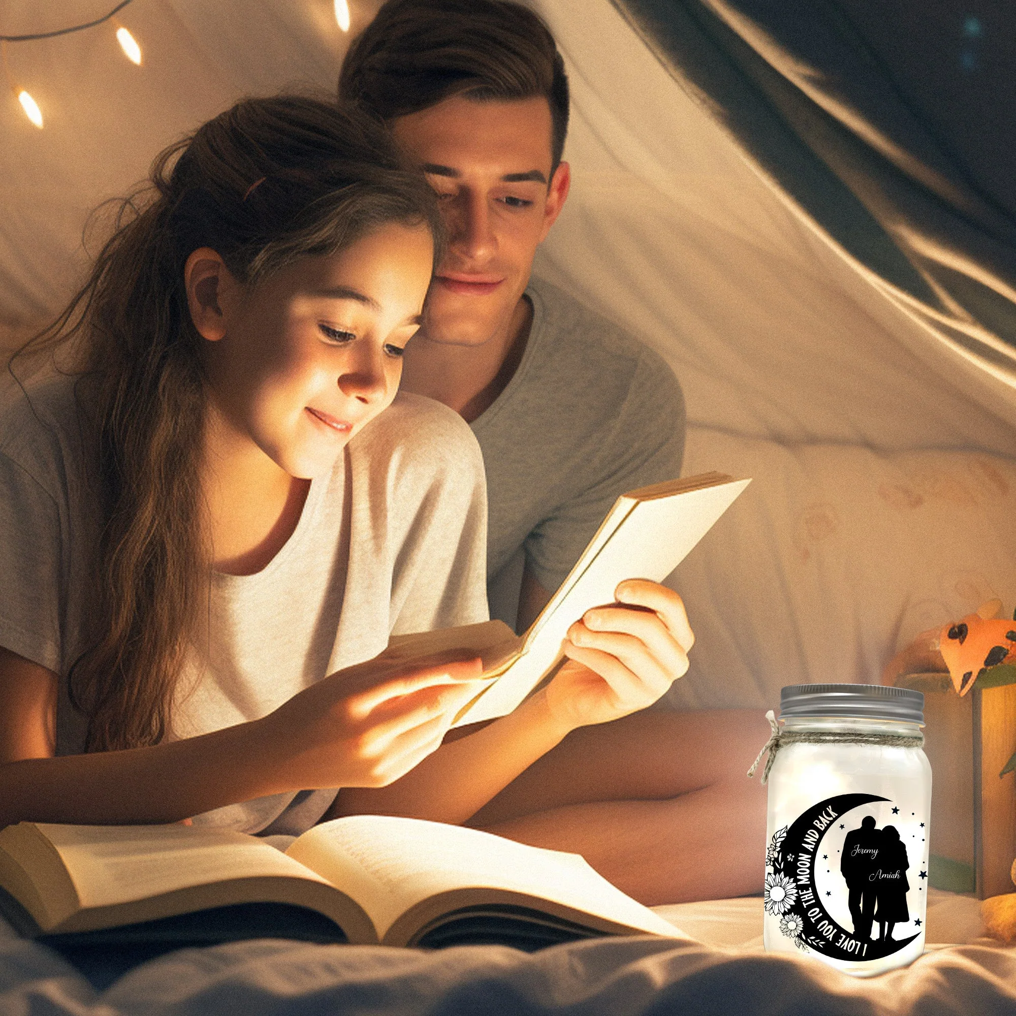 I Love You To The Moon And Back Couple Gift - Personalized Mason Jar Light - Image 5