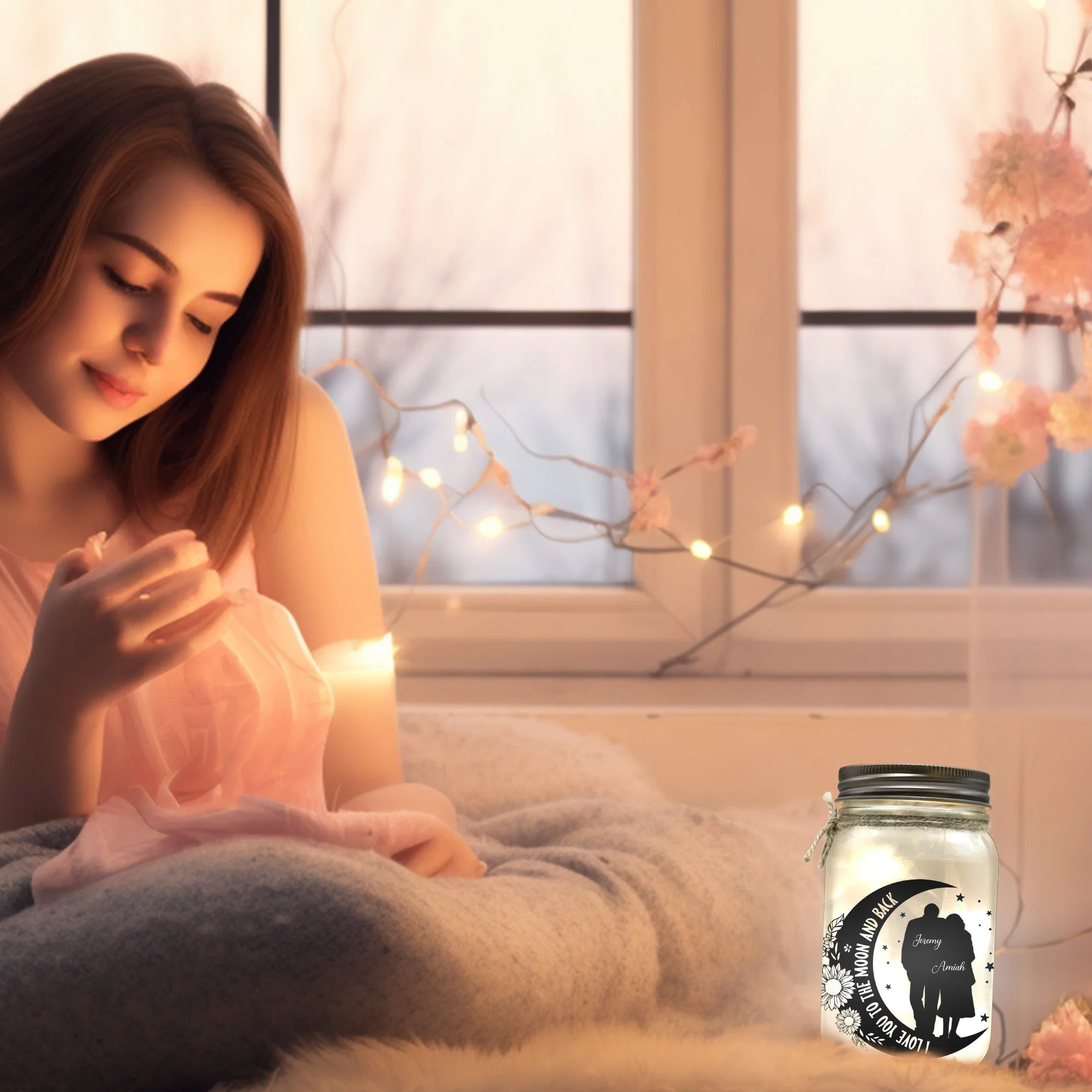 I Love You To The Moon And Back Couple Gift - Personalized Mason Jar Light - Image 6