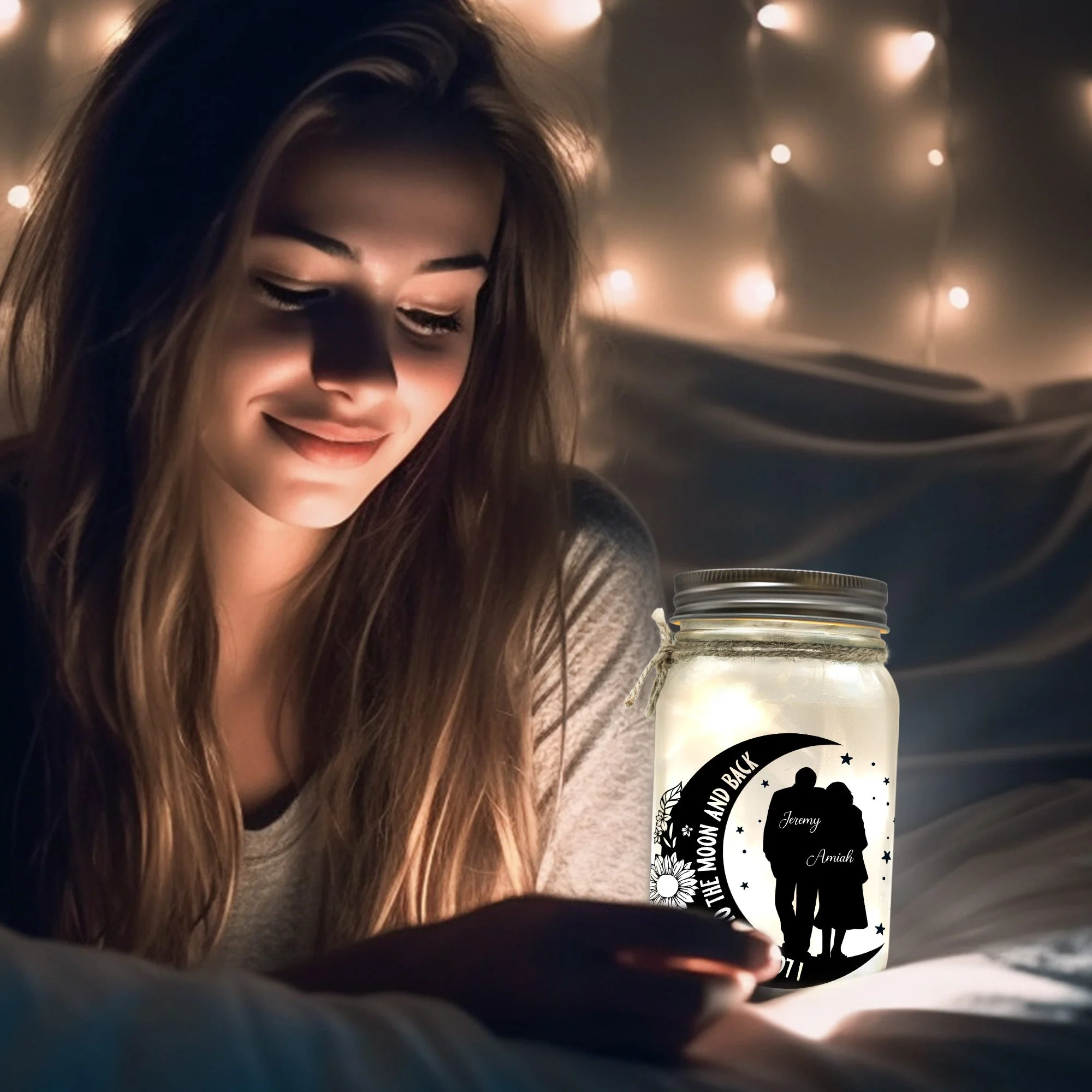 I Love You To The Moon And Back Couple Gift - Personalized Mason Jar Light - Image 7