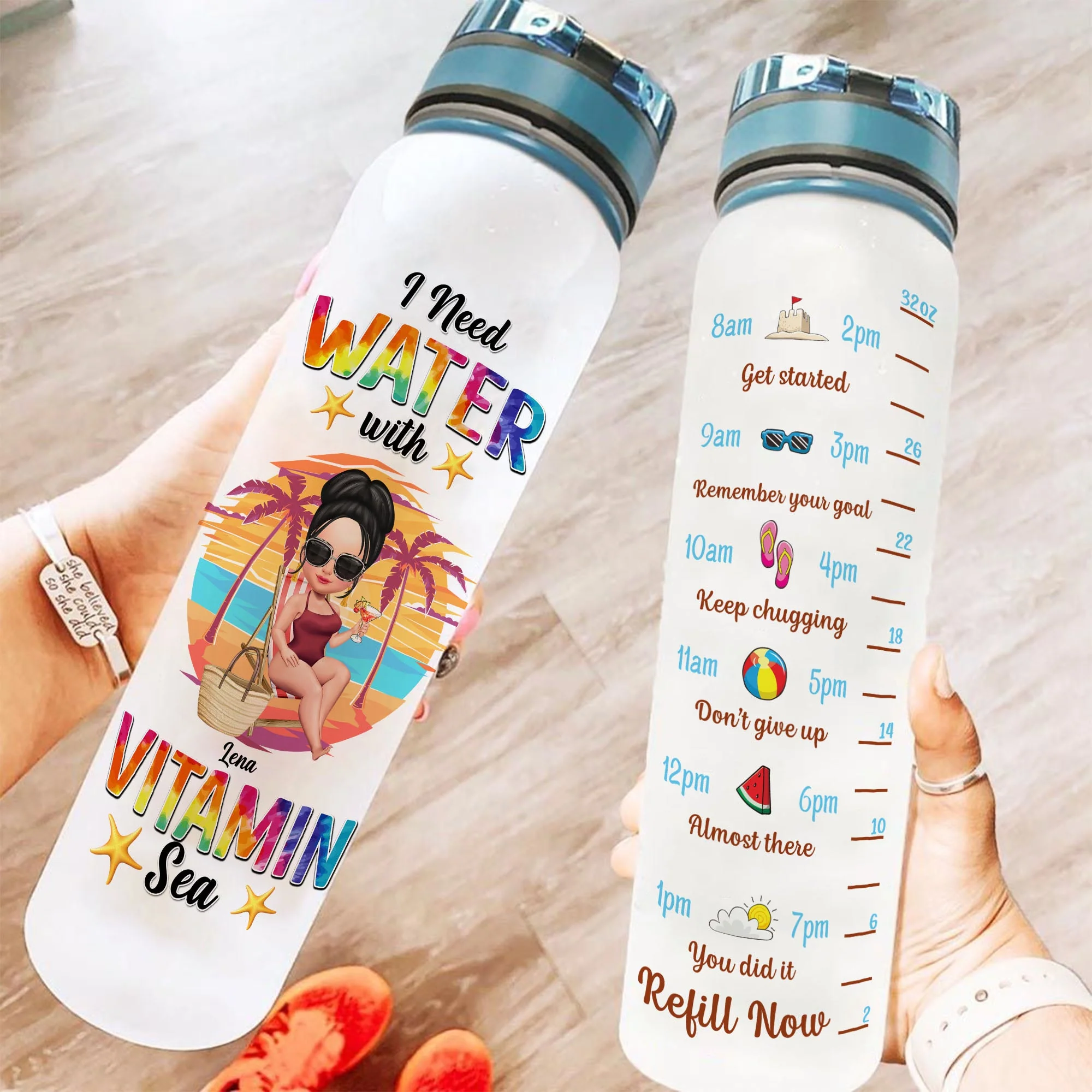 I Need Water With Vitamin Sea  - Personalized Water Bottle With Time Marker - Summer Vibe Gift For Her, Friend, Beach Lover, Girl, Vacation - Image 2