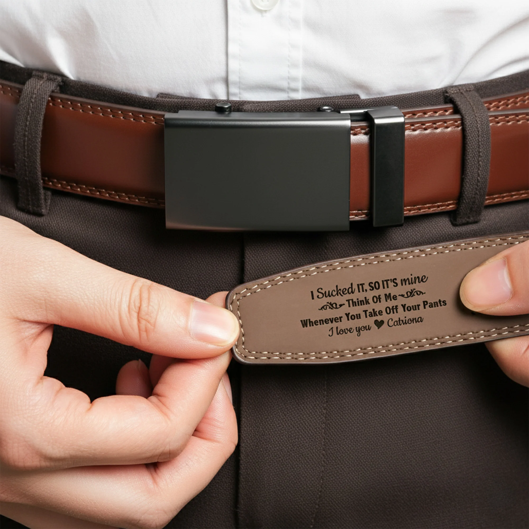 I Sucked It So It's Mine Naughty Gifts For Him Husband BF - Personalized Leather Belt With Engraved Buckle - Image 3
