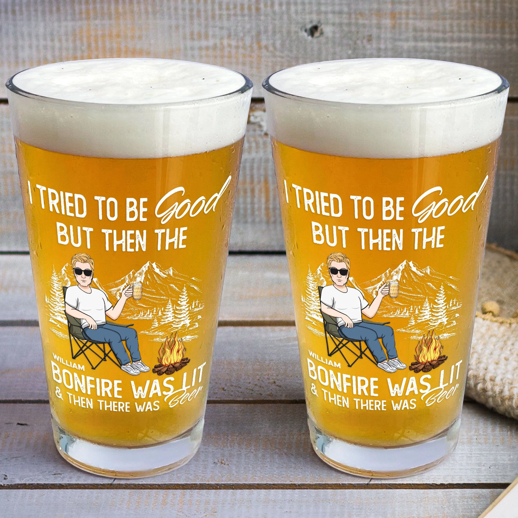 I Tried To Be Good But Bonfire Was Lit Then Was Beer - Personalized Beer Glass - Image 4