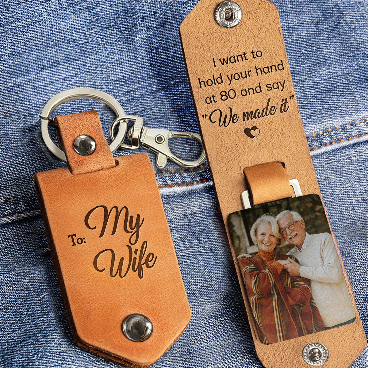I Want To Hold Your Hand At 80 For Couples - Personalized Leather Photo Keychain - Image 2