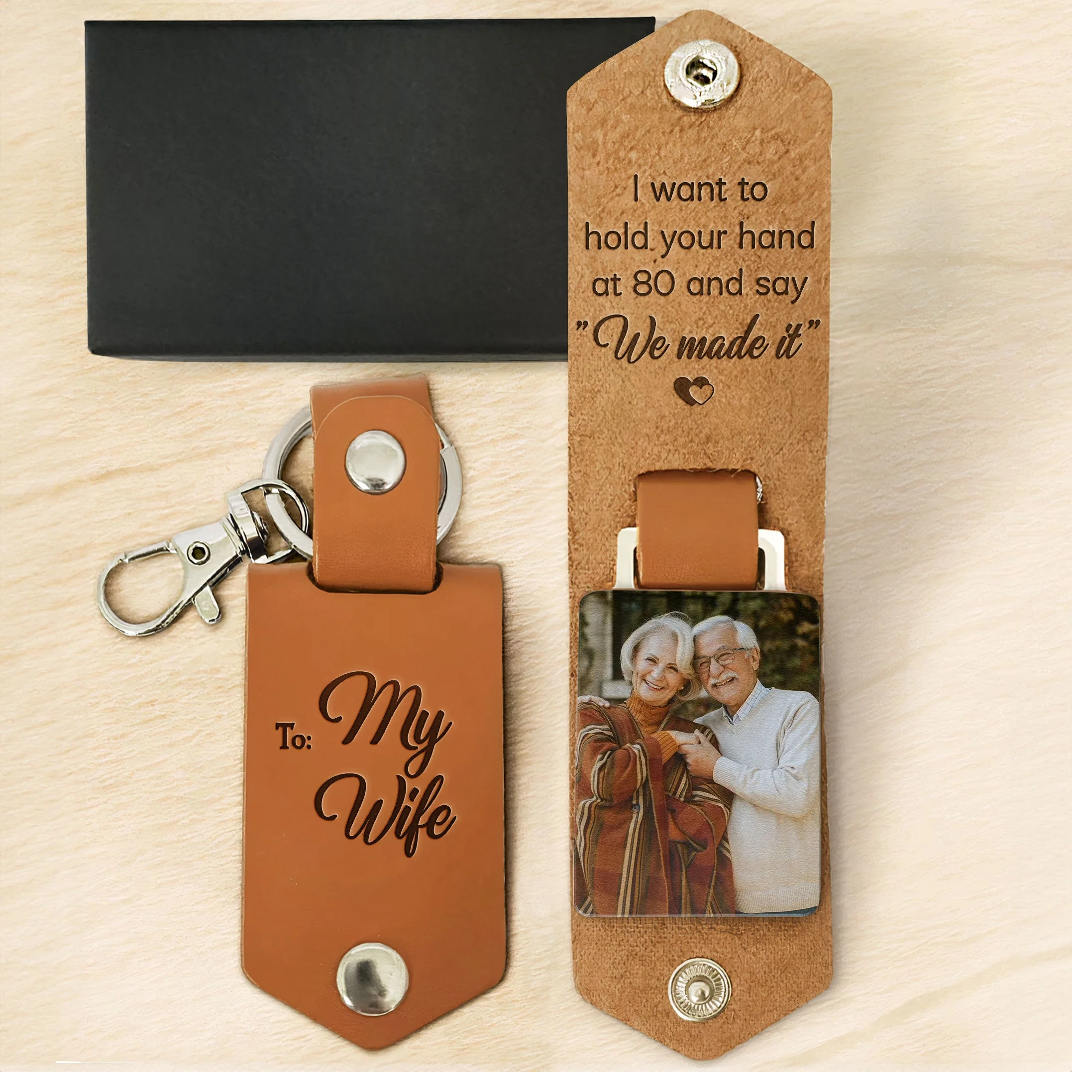 I Want To Hold Your Hand At 80 For Couples - Personalized Leather Photo Keychain - Image 4