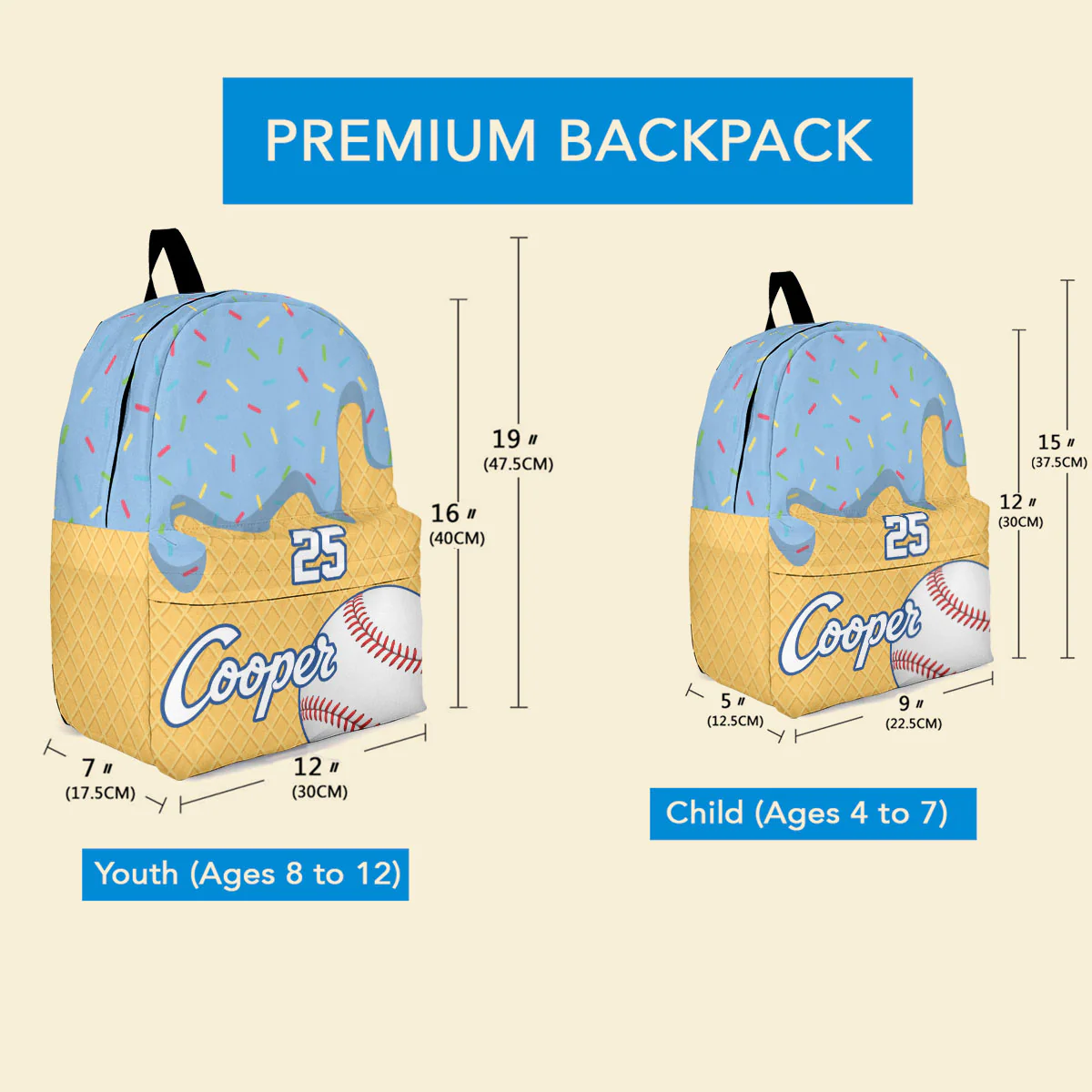 Ice Cream Baseball, Softball ,Custom Name & Number - Personalized Backpack - Image 4