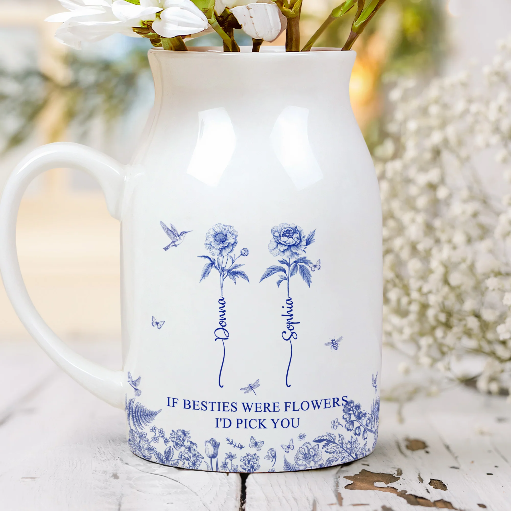 If Besties Were Flowers I'd Pick You - Toile De Jouy Birth Flowers - Personalized Ceramic Flower Vase - Image 2