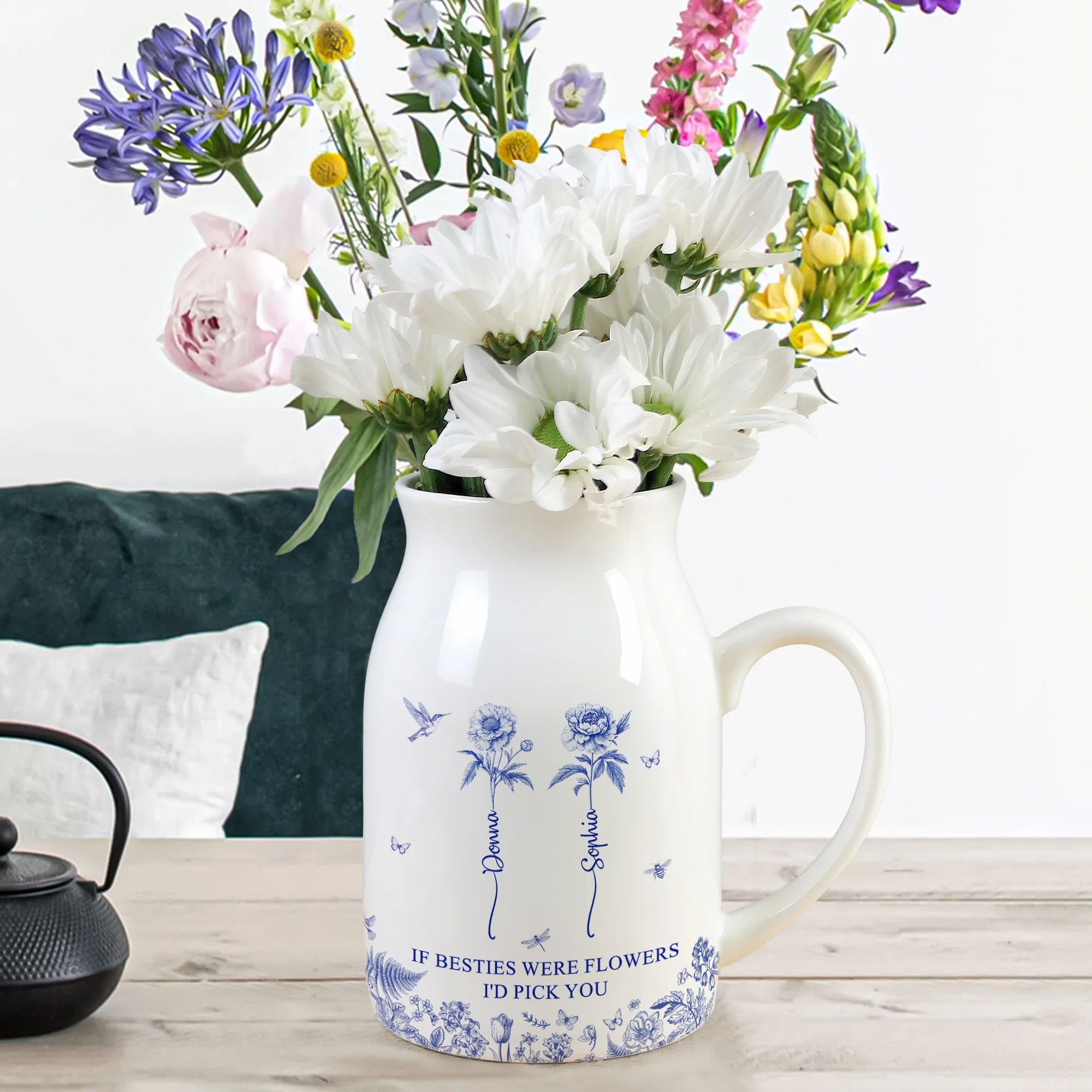If Besties Were Flowers I'd Pick You - Toile De Jouy Birth Flowers - Personalized Ceramic Flower Vase - Image 4