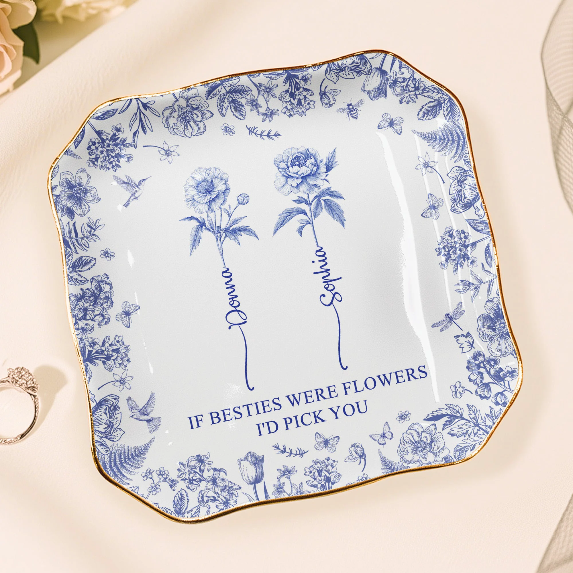If Besties Were Flowers I'd Pick You - Toile De Jouy Birth Flowers - Personalized Jewelry Dish - Image 7