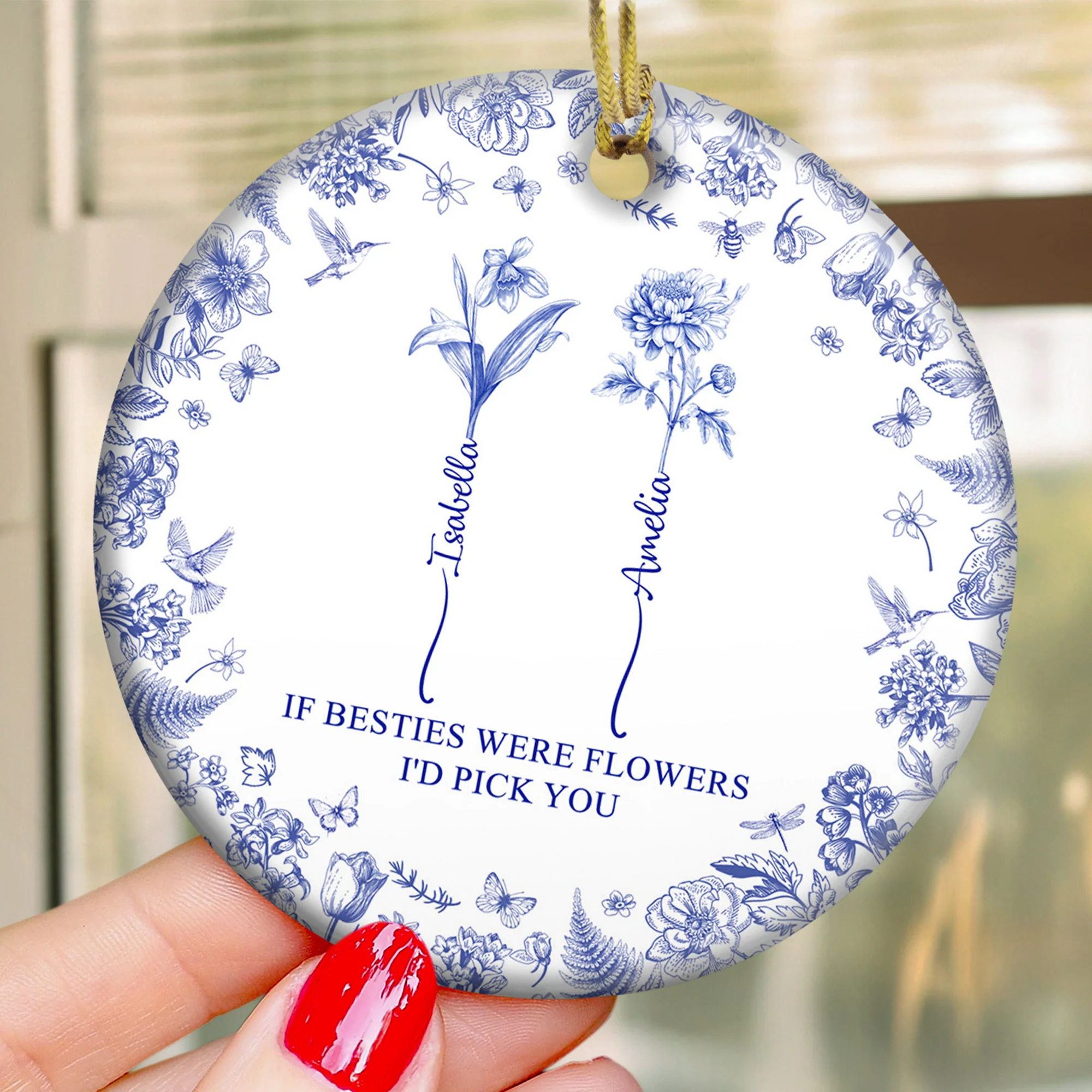 If Besties Were Flowers I'd Pick You - Toile De Jouy Custom Birth Flower - Personalized Ceramic Ornament - Image 3