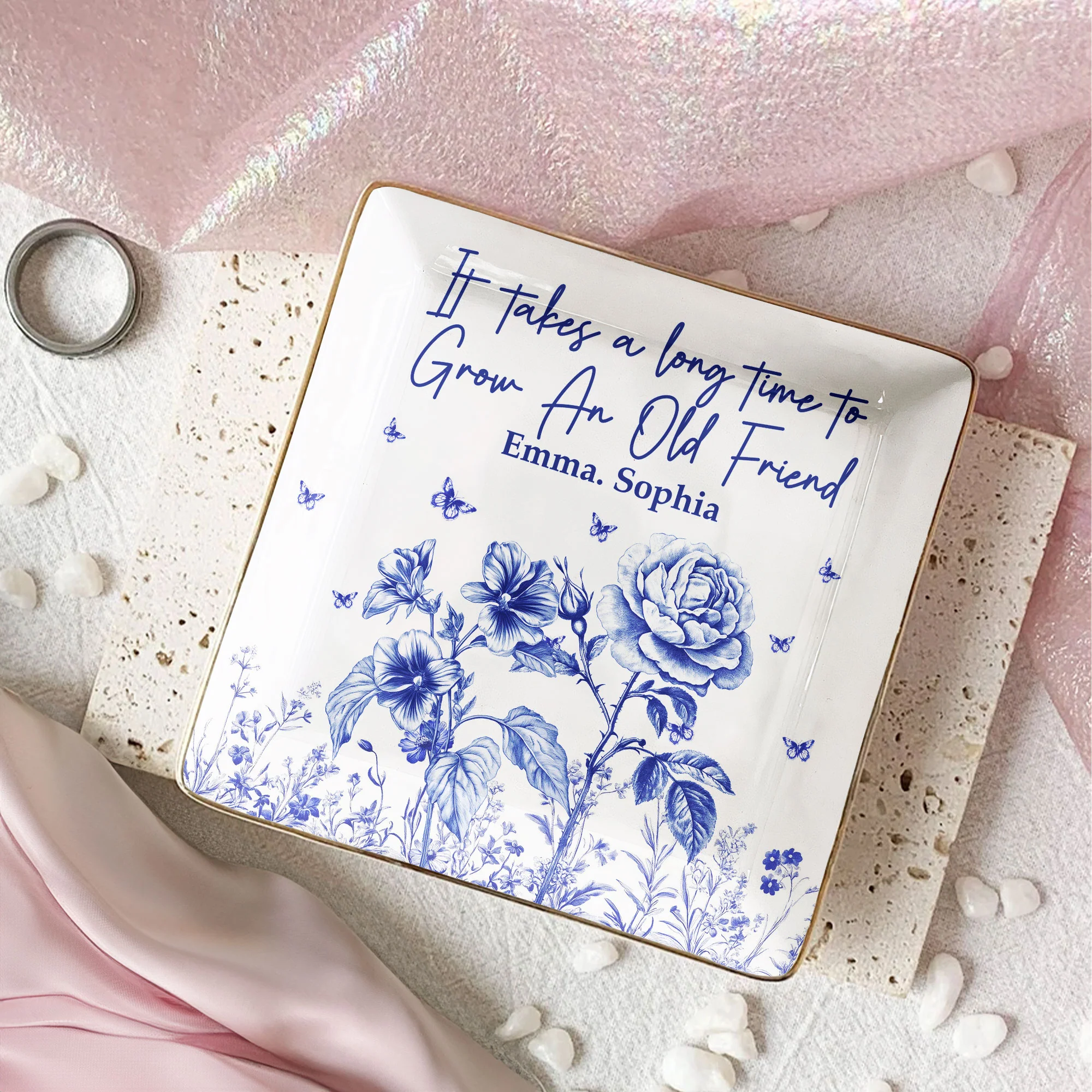 It Takes A Long Time To Grow An Old Friend Toile De Jouy Style - Personalized Jewelry Dish - Image 2