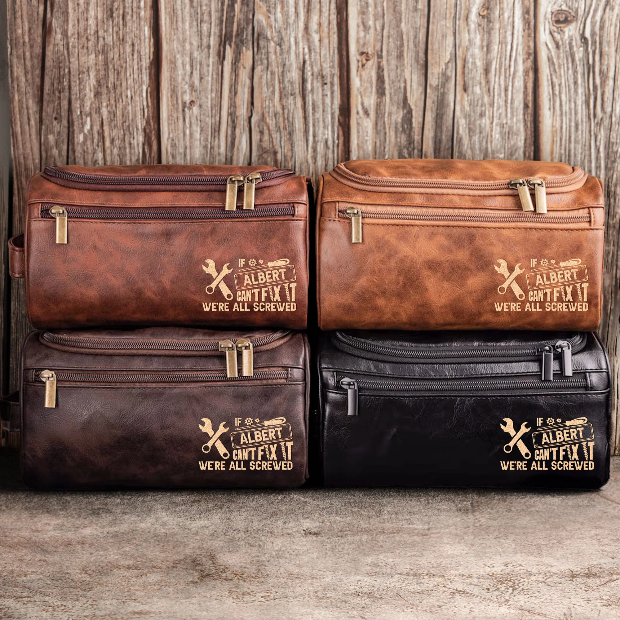If He Can't Fix It, We'Re All Screwed - For Dad, Husband, Papa - Personalized Leather Toiletry Bag - Image 3