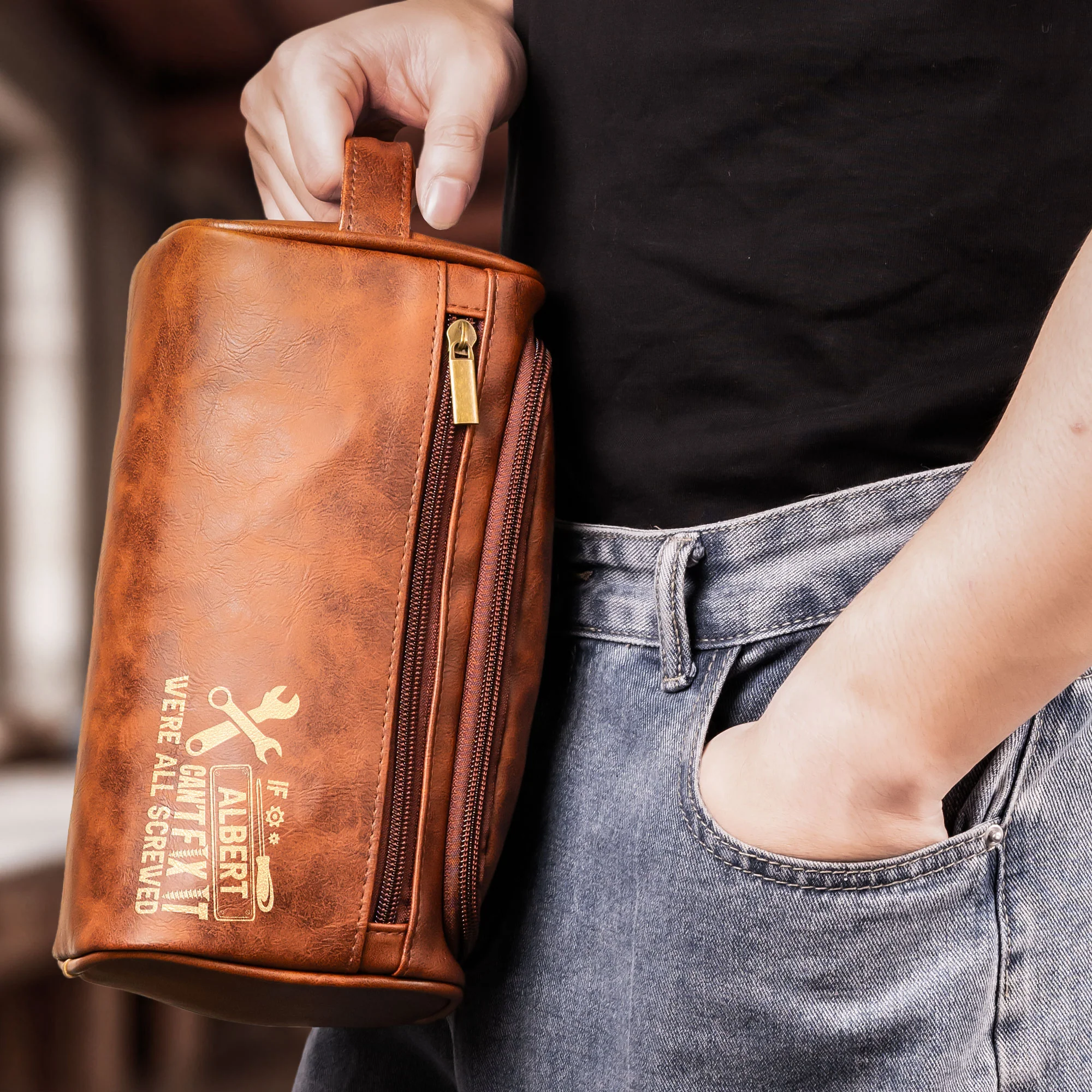 If He Can't Fix It, We'Re All Screwed - For Dad, Husband, Papa - Personalized Leather Toiletry Bag - Image 4